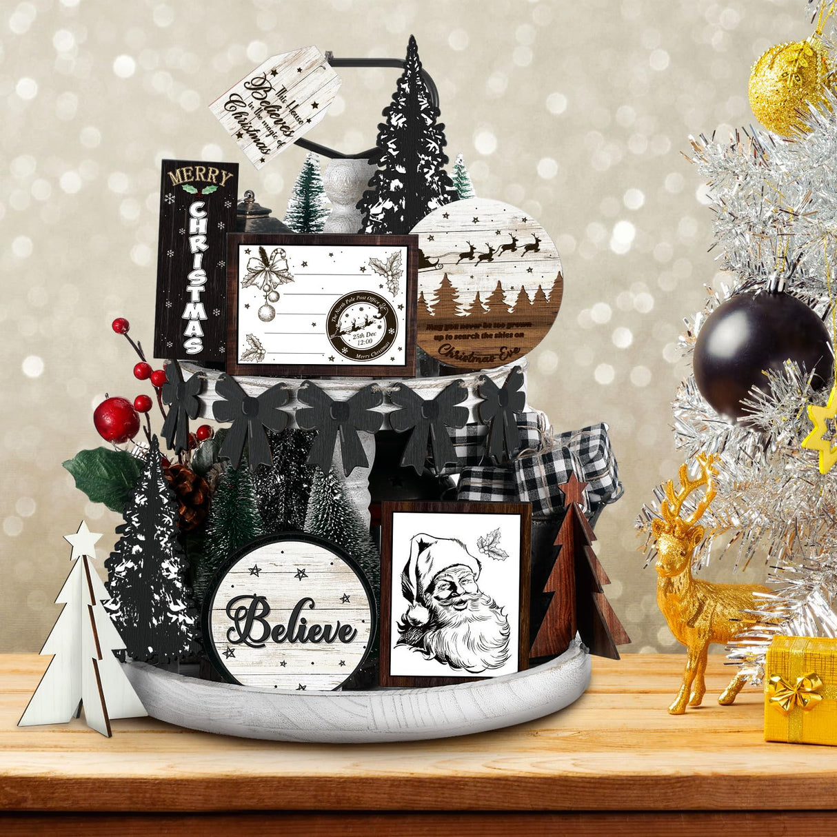 FairySandy Christmas Tiered Tray Decor Wooden Sign Farmhouse Tier Tray Decorations for Home Xmas Winter Party Bathroom Kitchen Bedroom (Stylish Style, 15 Pcs) FairySandy