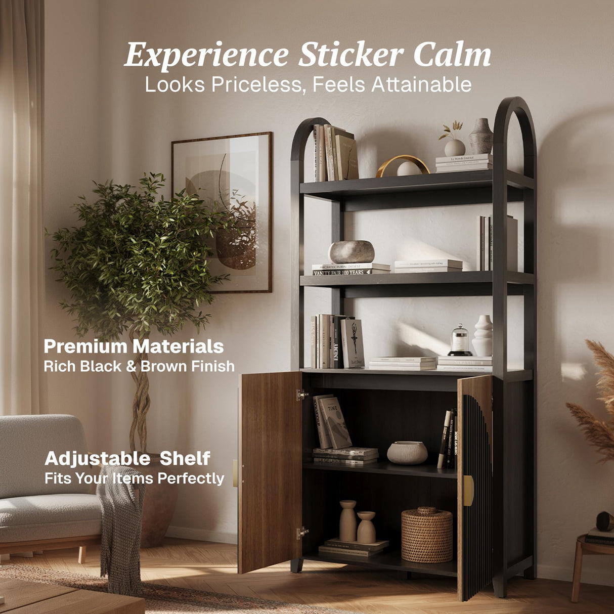 BELLEZE Book Shelf 72" Tall Arched Bookcase with Storage, 5 Tier Mid Century Modern Fluted Bookshelf with Doors, Modular Bookshelves for Living Room Office Library (Camel) BELLEZE