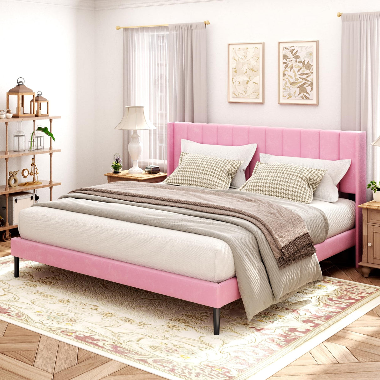 Sismplly King Size Bed Frame and Headboard,Vertical Channel Tufted Wingback No Box Spring Needed, Mattress Foundation, Easy Assembly Pink Sismplly