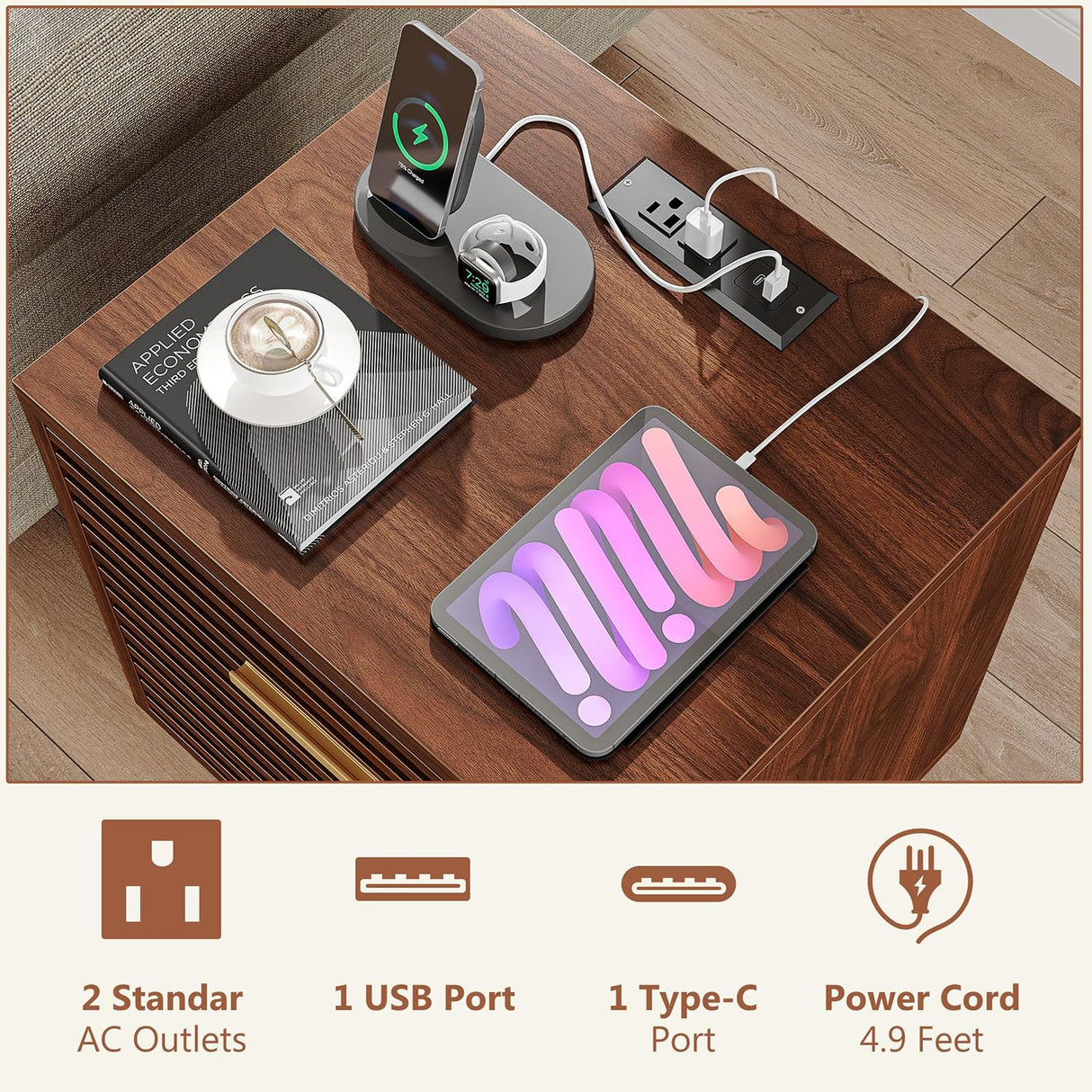 Alohappy Night Stands with Charging Station Set of 2, Mid Century Modern Nightstands, Wooden Bedside Table for Bedroom, End Table with Storage Drawers, Bed Side Table with USB Outlets, Brown 2pcs Alohappy