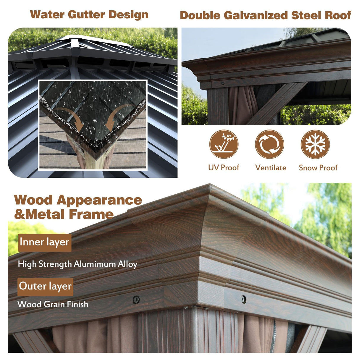 Yardenaler 12x20 FT Gazebo Wooden Finish & Metal Frame, Double Roof Permanent Outdoor Pavilion with Curtain & Netting for Patio. Garden, Backyard Yardenaler