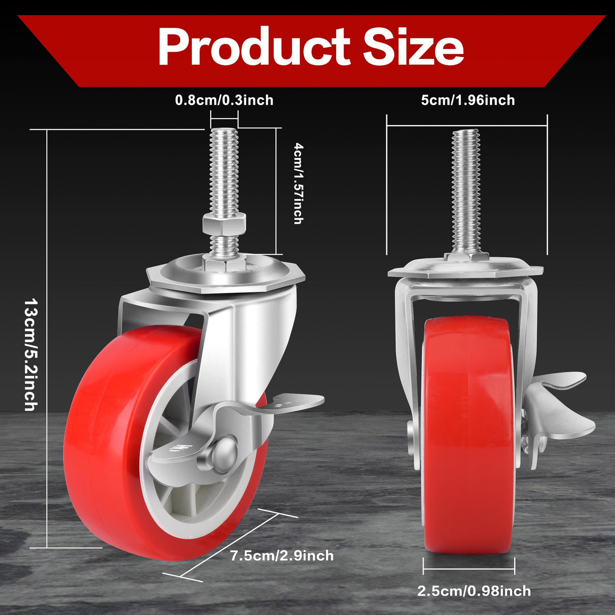 3 Inch Heavy Duty Stem Casters Swivel Wheels with Brake - 3/8" -16 x 1-1/2" (Stem Diameter 3/8", Stem Length 1-1/2"),Set of 4 with Locking Threaded Stem Caster Wheels - Load 600lbs NISUSK