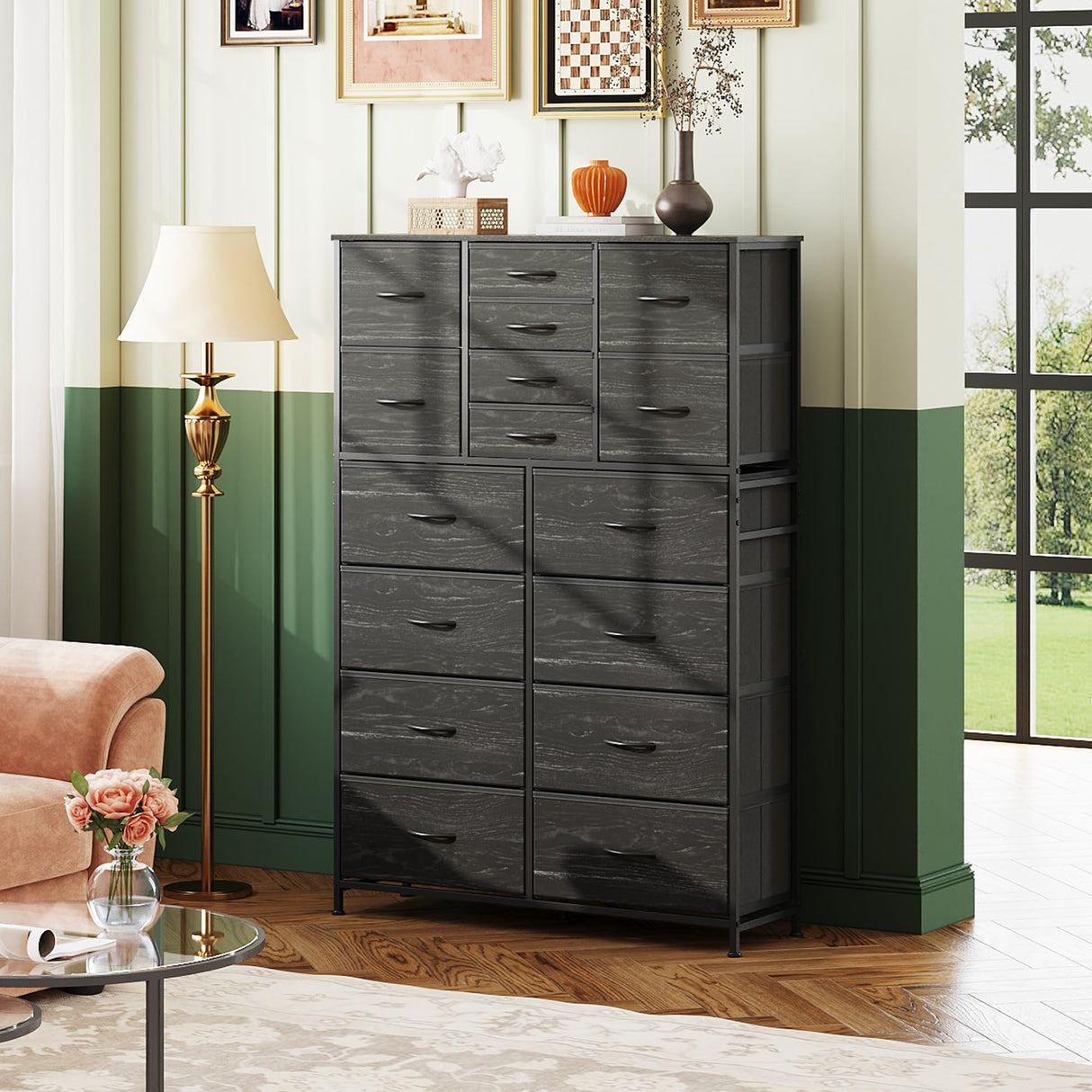 WLIVE 16 Drawers Dresser, Tall Dresser for Bedroom, Closet, Hallway, Storage Dresser Organizer unit, Large Dressers & Chests of Drawers with Fabric Bins, Charcoal Black Wood Grain Print WLIVE