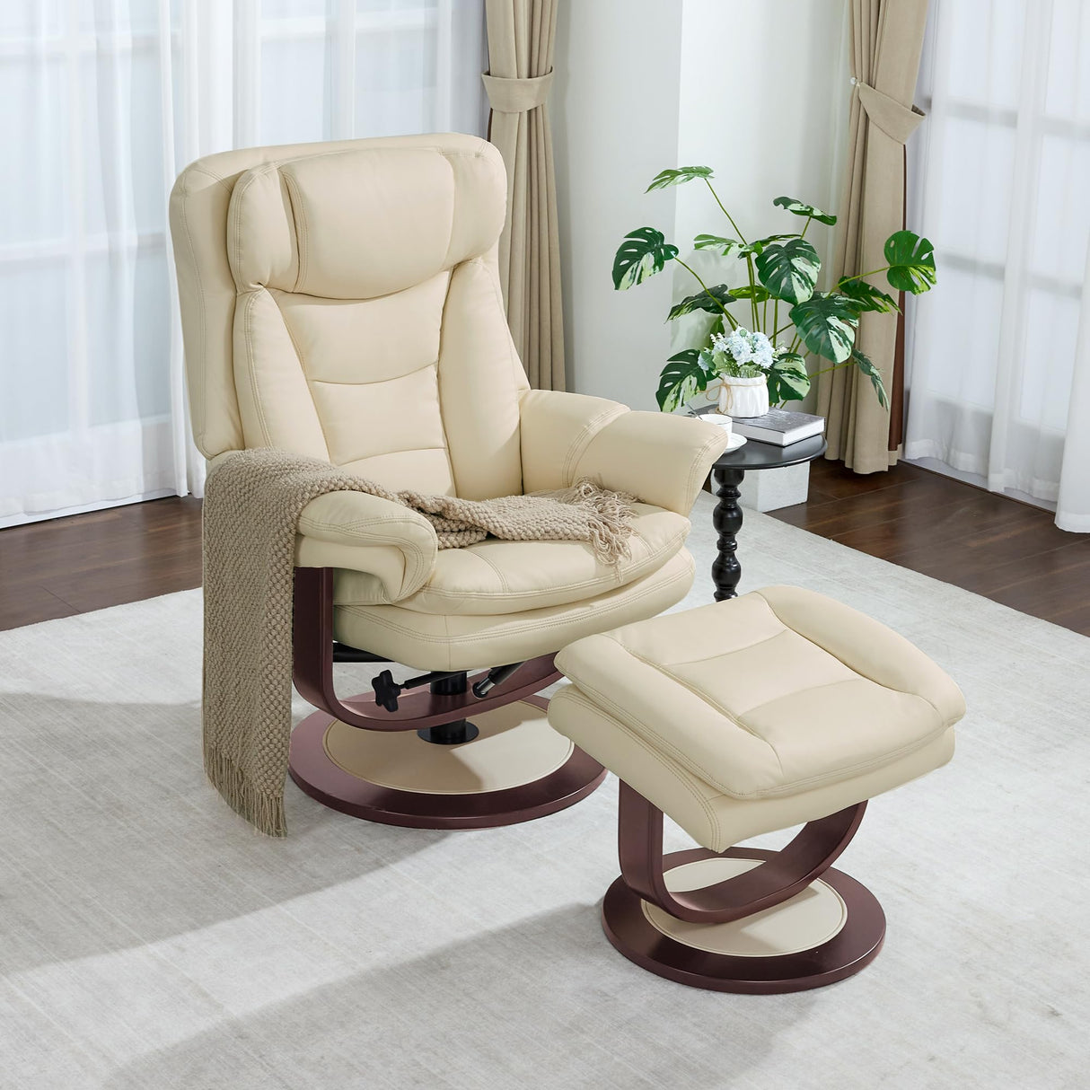 MCombo Oversized Swivel Recliner Chair with Ottoman, Adjustable Backrest, 360° Wood Base, High Seat, Faux Leather Lounge Chair for Tall Users in Living Room Office 4651 (Cream White) MCombo