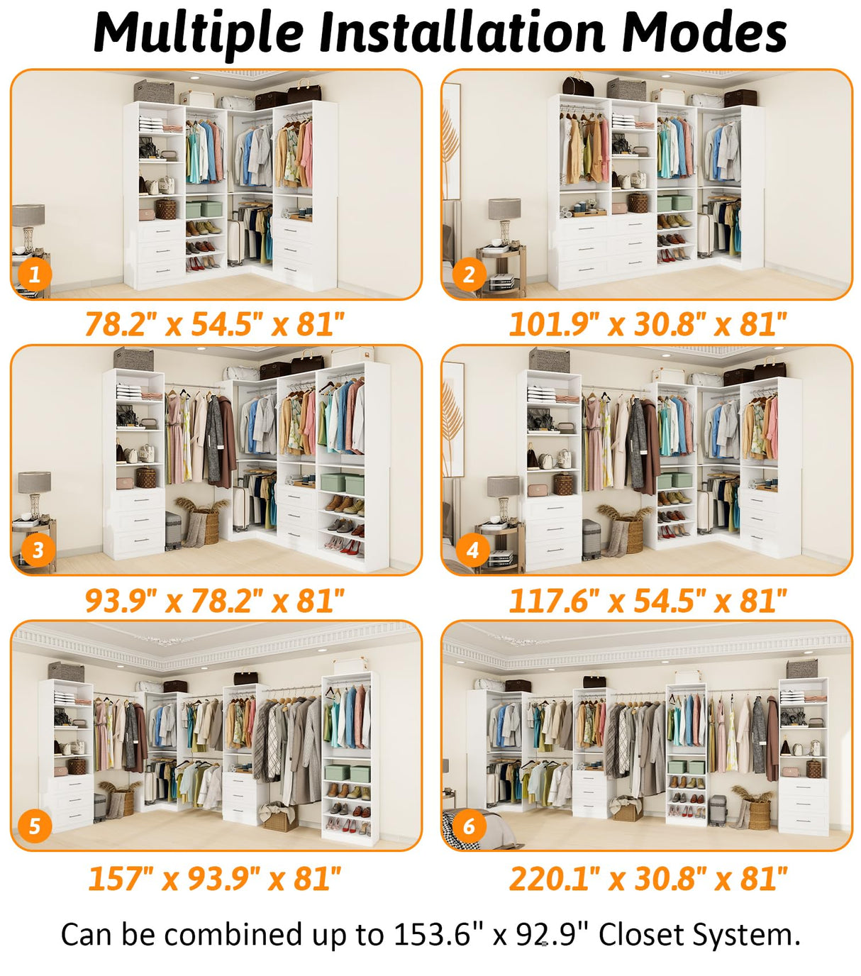 Vomavex Closet System with 4 sets, 101.9" Closet Organizer Systems with 6 Drawers & 8 Hanging Rods & Adjustable Shelves, Walk in Closet Standing Closet System, Corner Closet System Set, White vomavex