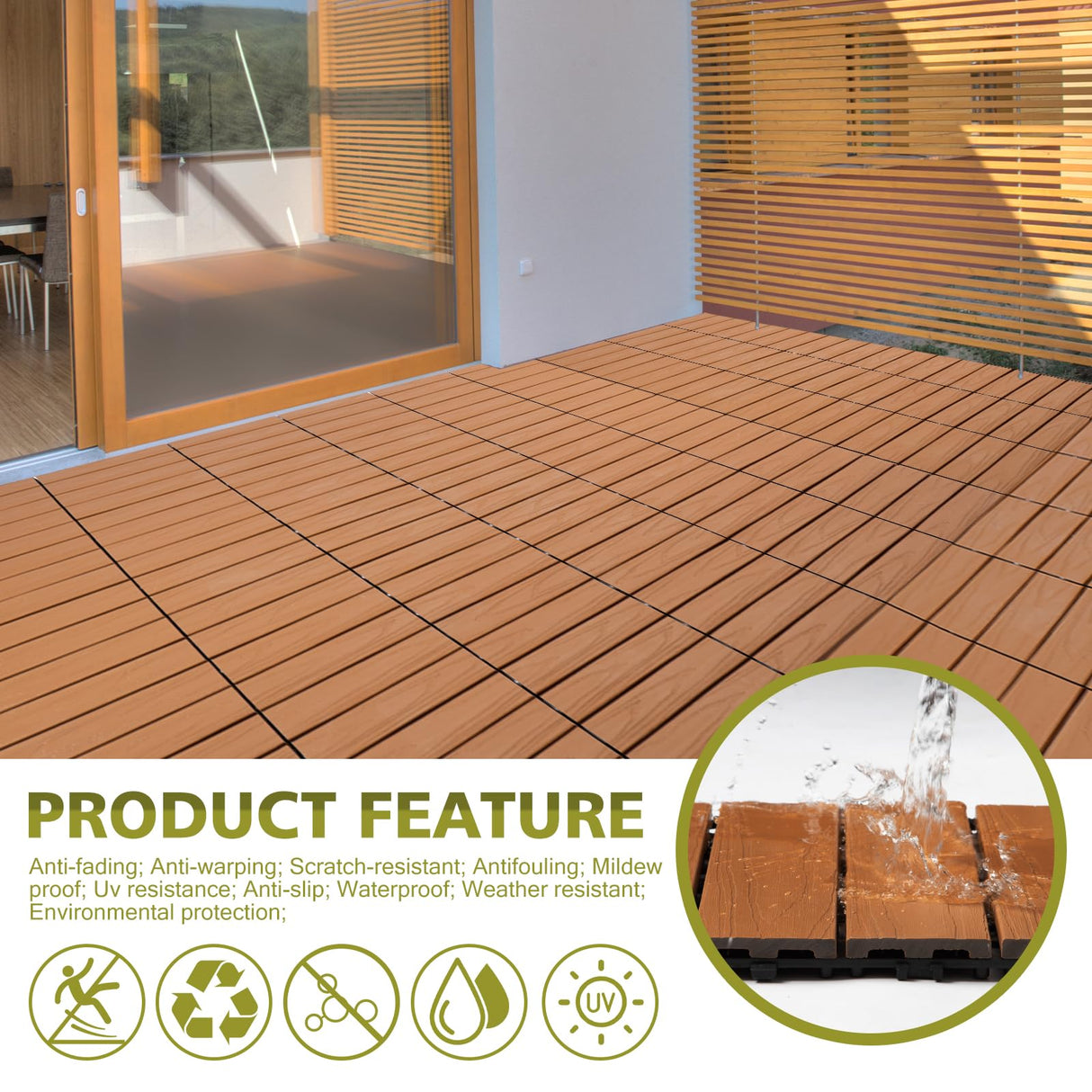 famobay Wood Plastic Composite Patio Deck Tiles,DIY Interlocking Decking Tiles, Floor Tile,Durable, Maintenance,Waterproof,Indoor Outdoor (6, 3D Teak, 12" x 12") famobay