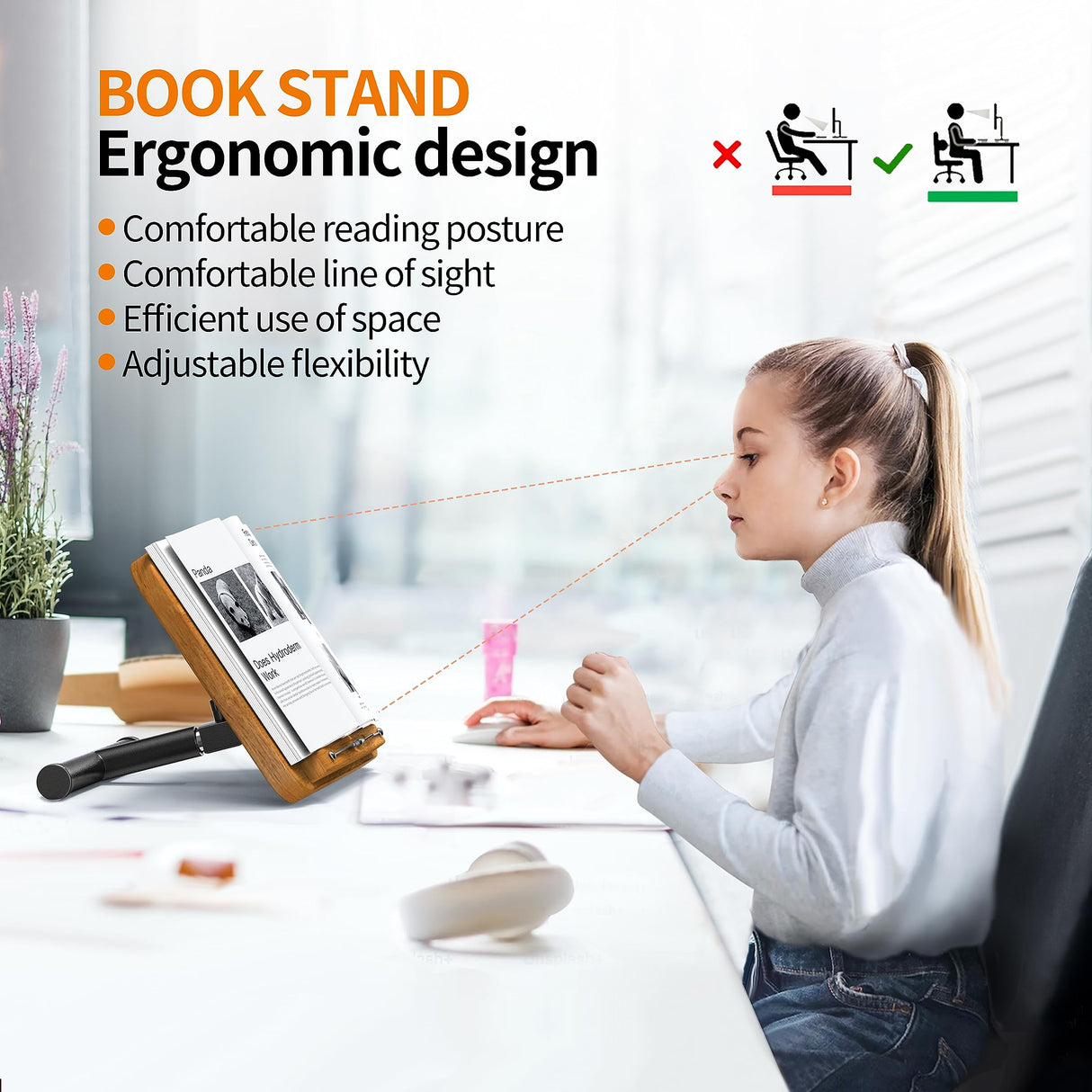 NAMON 2 in 1 Dual-use Floor Book Stand & Desktop Book Stand, 100% Solid Wood and Metal Build, Height Adjustable from 16.5-51in, Floor Holder Stand with Page Paper Clip for Cookbooks, Sheet Music, etc. NAMON