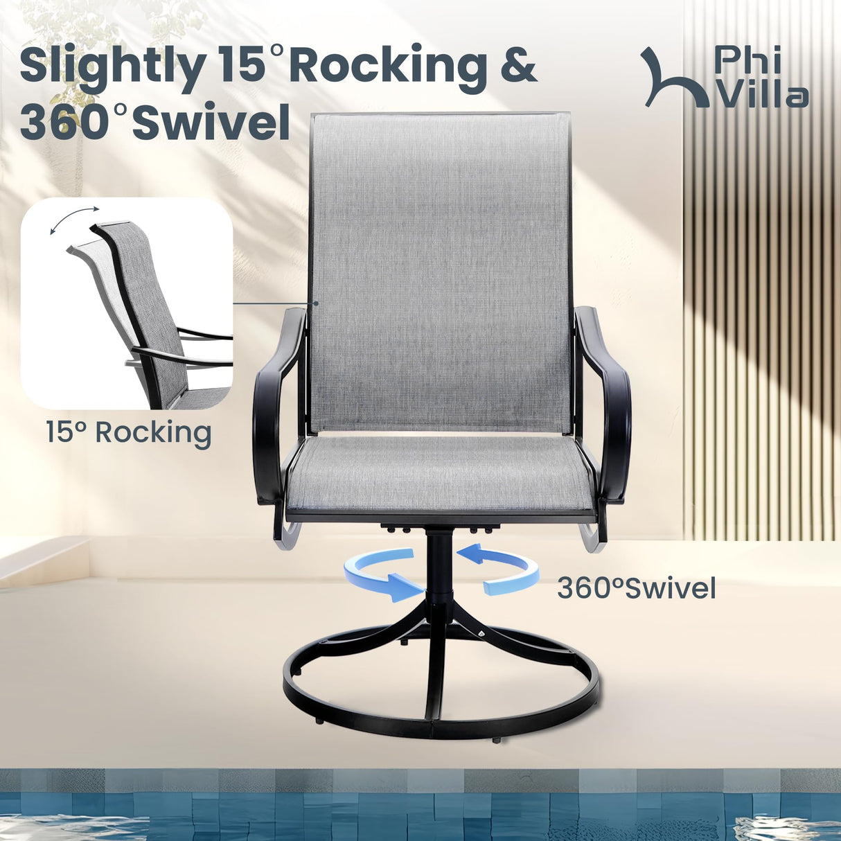 PHI VILLA Patio Dining Set for 6, Large Metal Table and 6 Outdoor Swivel Dining Chairs with Textilene Mesh Fabric, All Weather Patio Dining Furniture Set for Deck Lawn Garden (Gray) PHI VILLA