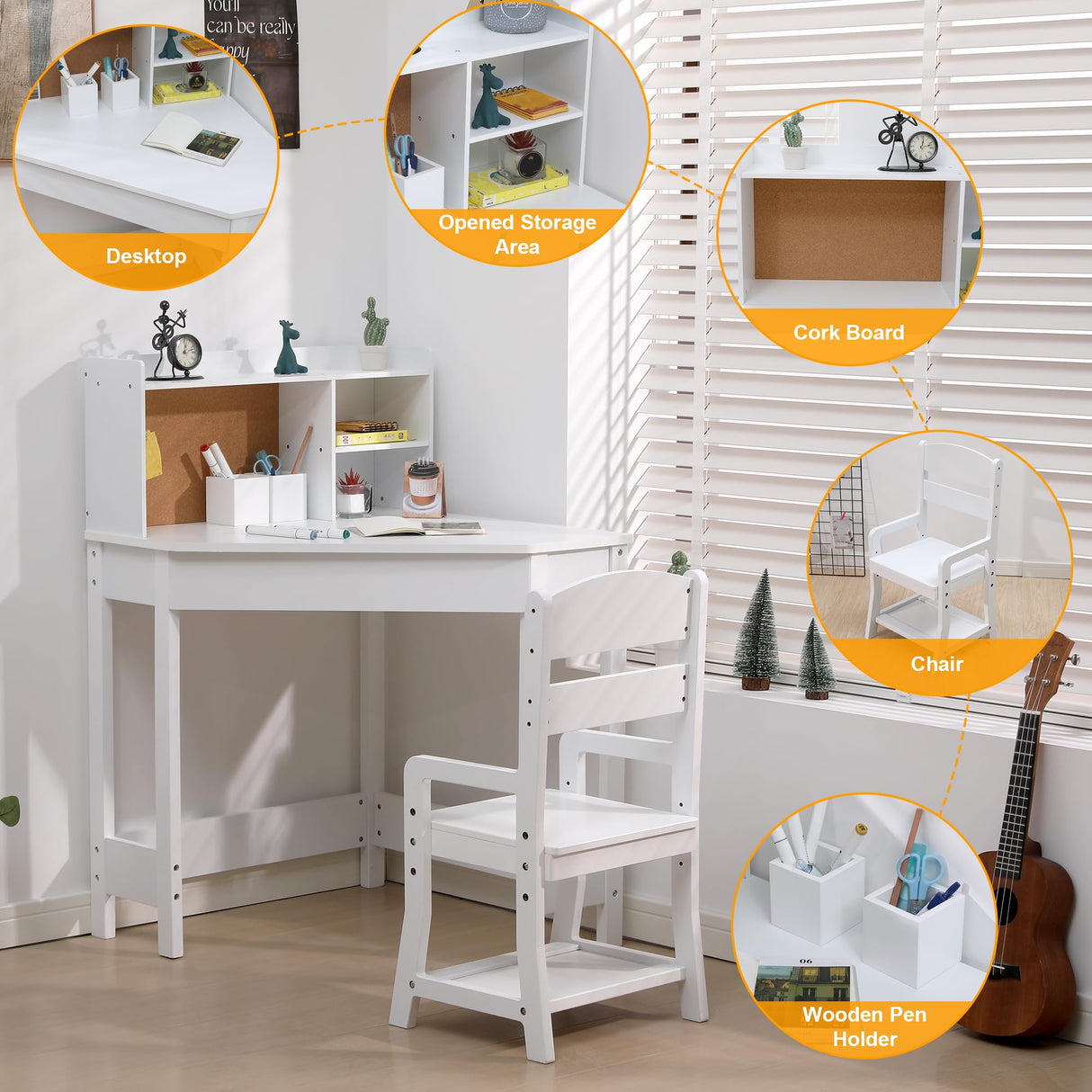 Kids Desk and Chair Set, Wooden Corner Study Table with Bookshelf, Bulletin Board, and Pen Holder, Writing Table for Boys and Girls, White GarveeHome