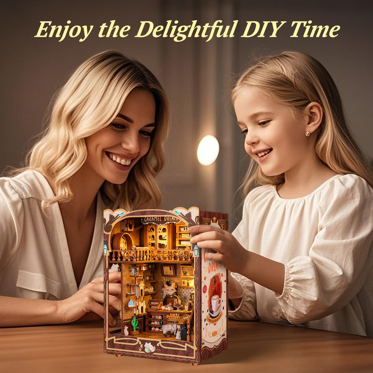 FUNPOLA 3D Wood Puzzle Book Nook Kit, Caramel Dream Cat Café Bookshelf Insert with LED Lights, DIY Miniature Bookend Décor for Display, Cozy Craft Gift for Cat Lovers and Teens (Caramel Dream) FUNPOLA