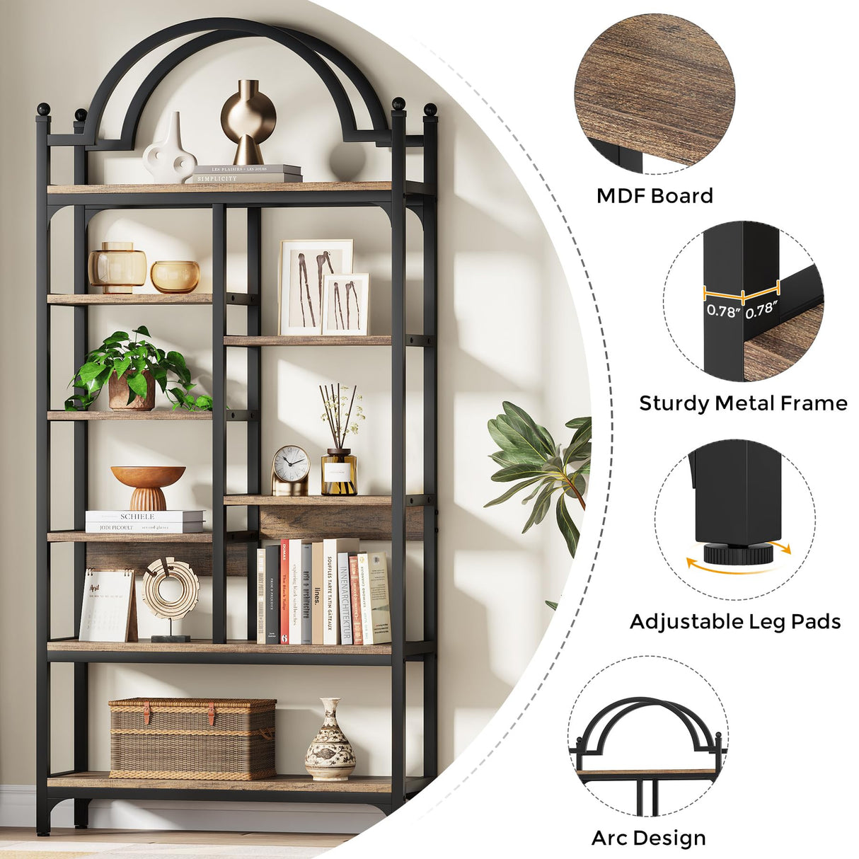 Condemo 71 inch Tall Bookshelf, 8-Tier Industrial Arched Etagere Bookcase, Open Display Storage Shelf for Living Room, Bedroom, Home Office, Rustic Brown Condemo