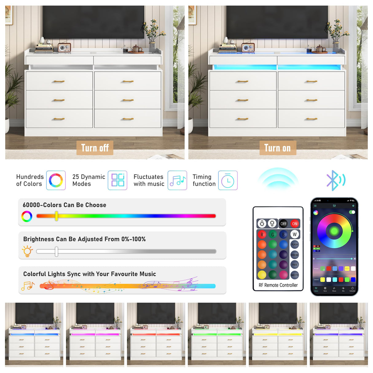 59''W Large Modern 8 Drawers Dresser for Bedroom with Glass Tabletop,Wide Wooden 6 Chest of Drawers for Closet&2 Jewelry Drawers,LED Light,Power Outlets,Tall Storage Dresser for Bedroom,White Hlivelood