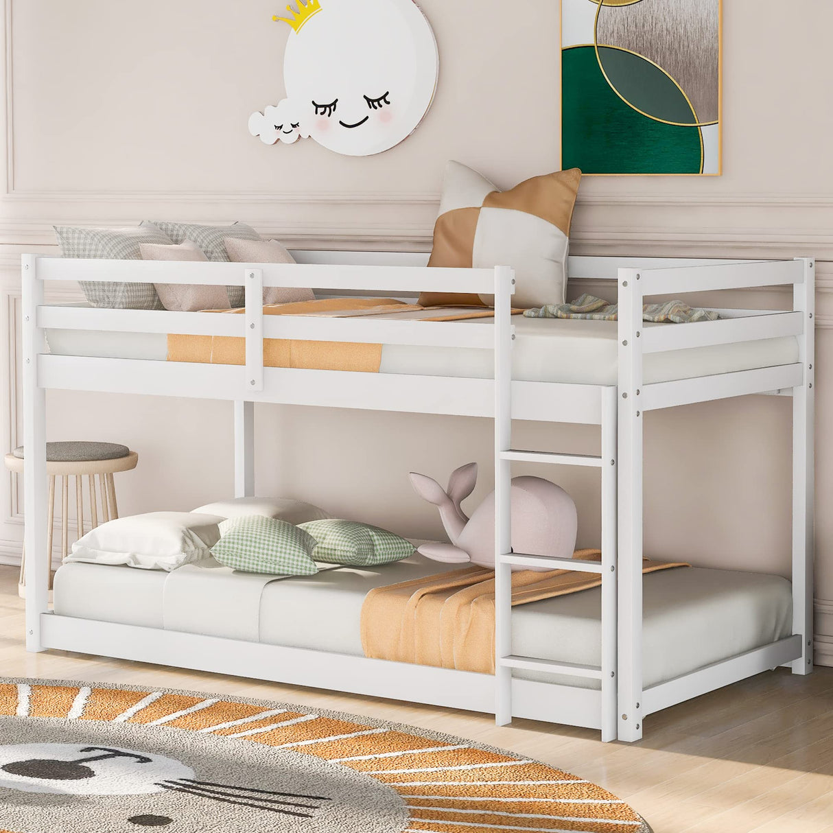 ZJIAH Twin Over Twin Low Bunk Bed with Ladder and Safety Guardrails - Durable Wooden Design in White ZJIAH