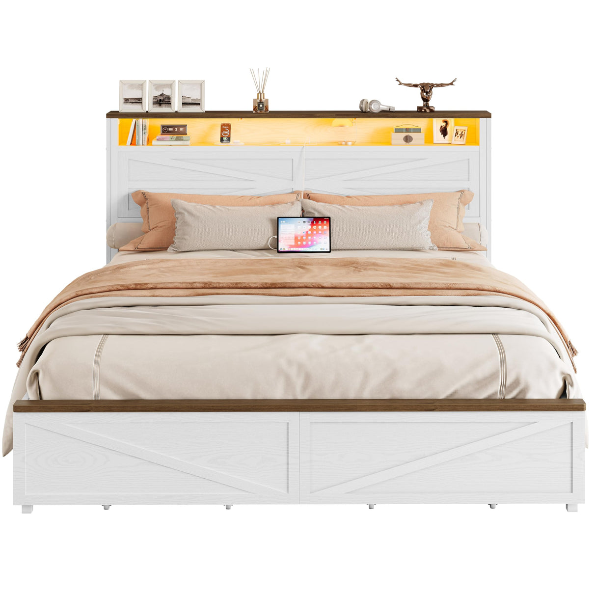 IRONCK Farmhouse Queen Size Bed Frame with LED Light and Charging Station, Wood Bed Frame with Storage Headboard and 2 Drawers, Barn Door Design, Sturdy and Noiseless, White IRONCK