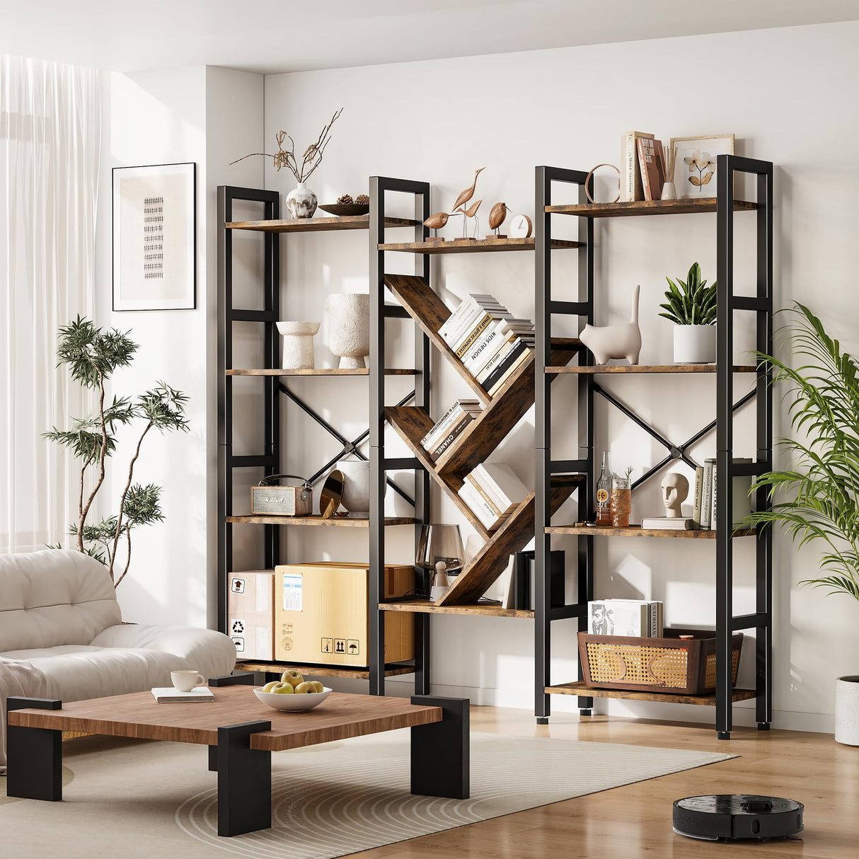 INNOD Triple 4 Tier Book Shelf, Large Wooden Bookcase with 14 Open Display Shelf, Modern Bookshelf Metal Frame Furniture for Living Room Bedroom Home Office Brown INNOD