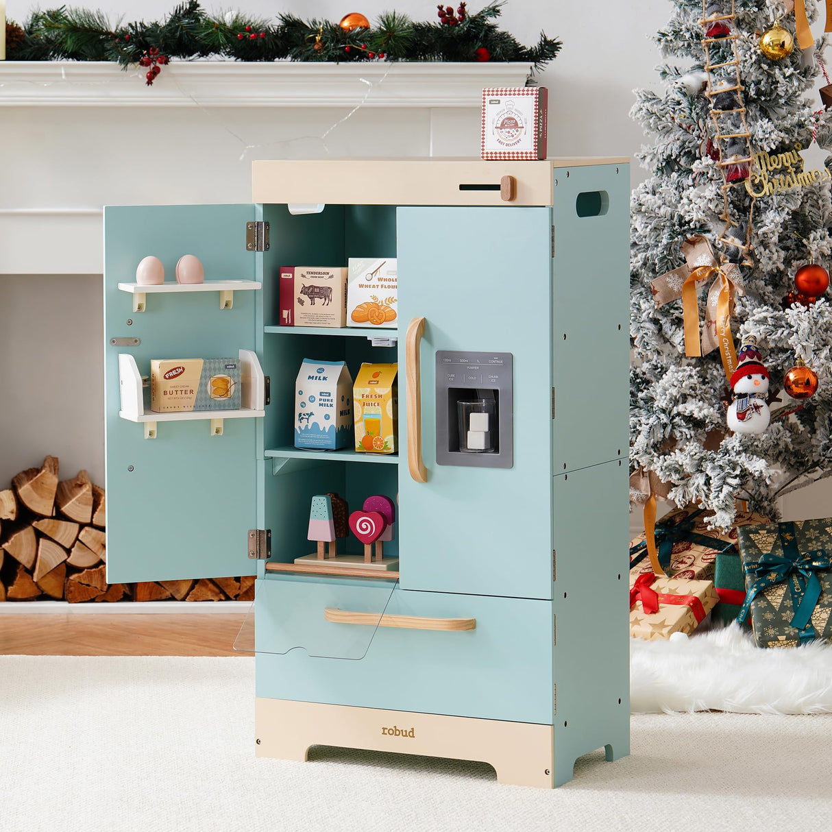 ROBUD Fridge Refrigerator with Ice Dispenser, Wooden Play Fridge Freezer Set for Kids, Toddler Kitchen Playset with Full Accessories Pretend Play Set, Gift for Boys & Girls, Age 3+ ROBUD