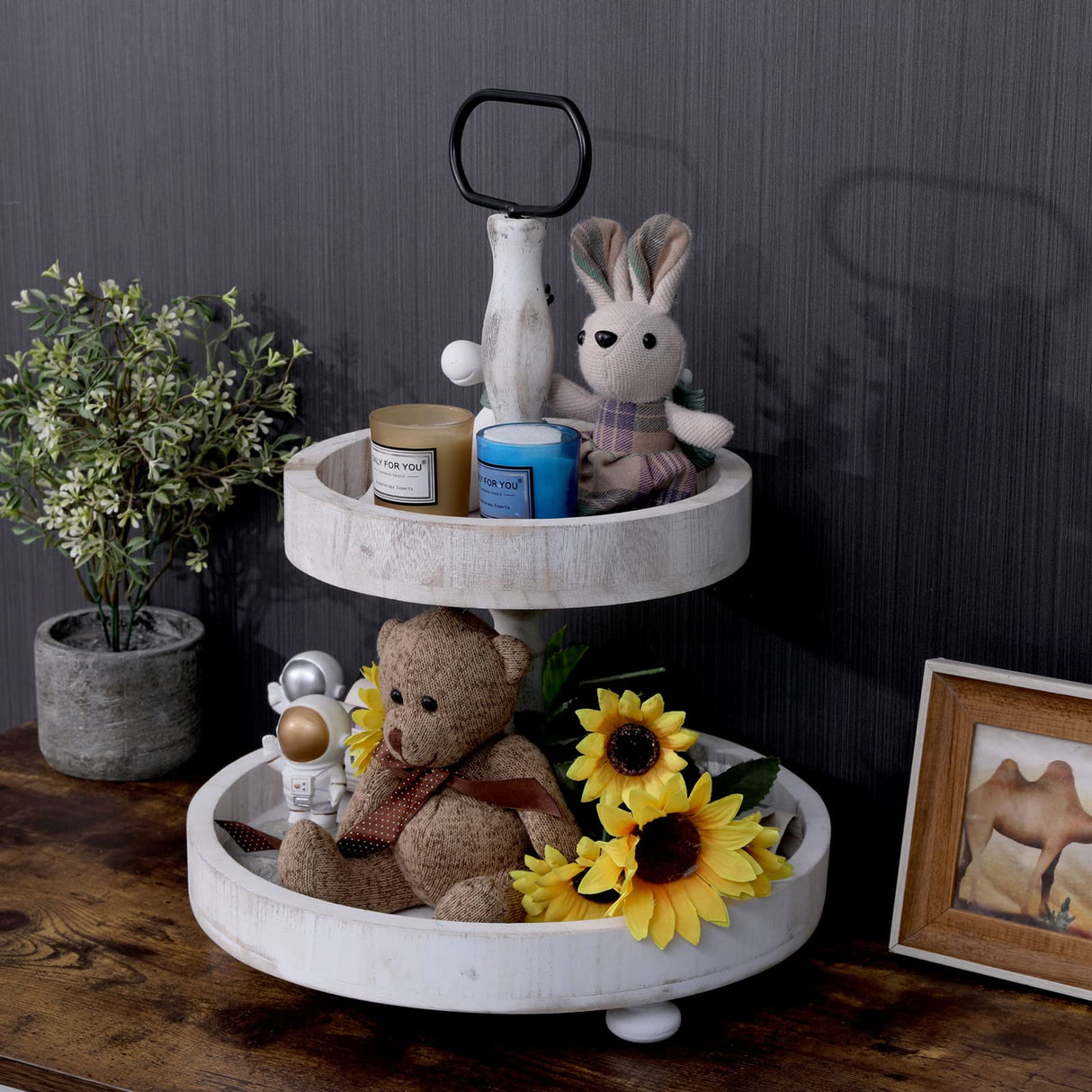 2 Tier Tray Rustic Cake Stand Farmhouse Kitchen Decor Centerpiece,Farmhouse 2 Tier Serving Tray with Handle for Coffee Bar SWT8CAI