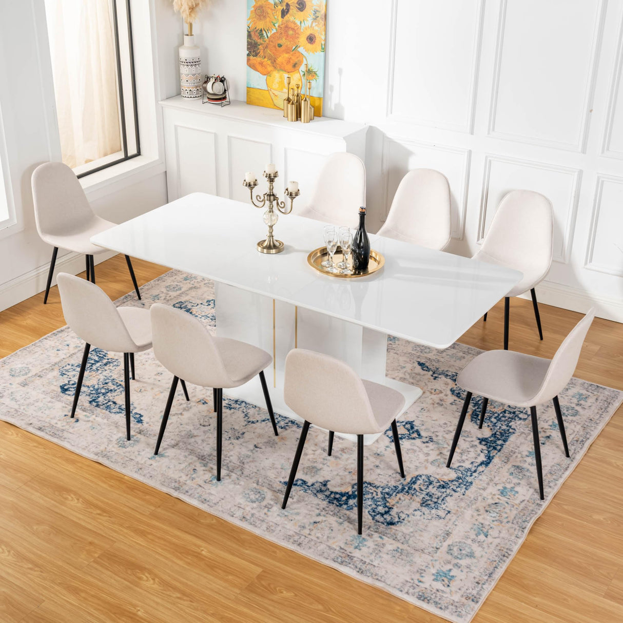 9-Piece High Gloss Dining Table with 8 Beige Fabric Durable Metal Legs Chairs for 6-8 Persons, 63-80.7'' Contemporary Extendable Table Set for Dining Room, Conference Room, Reception Area, White Homy Casa