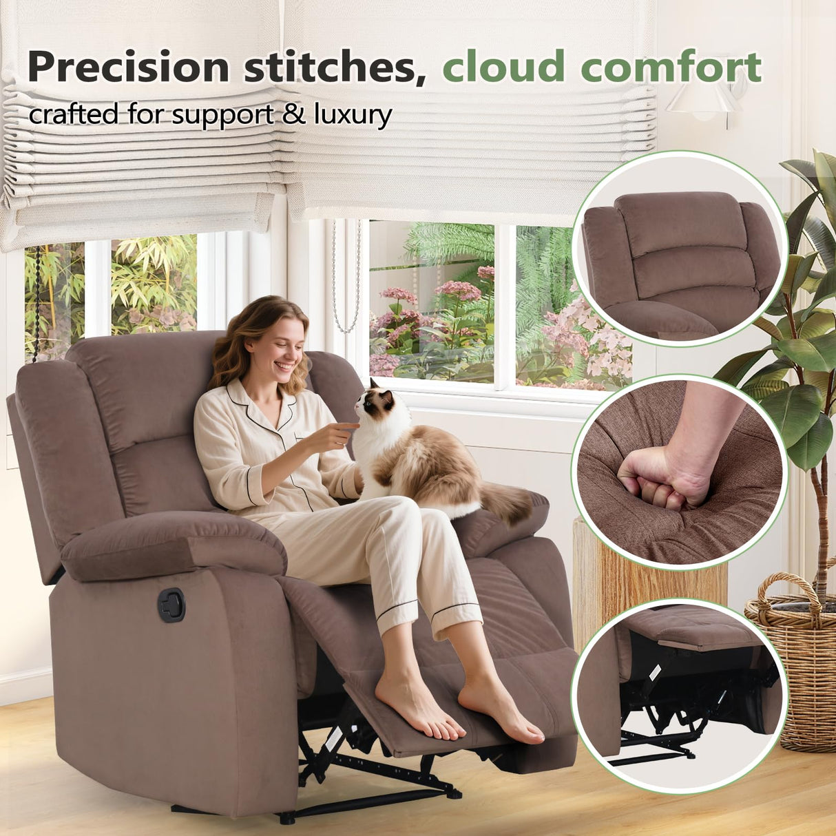 ANJ Fabric Recliner Chair Set of 2, with Overstuffed Arm and Back, Comfy Chocolate Manual Reclining Chairs for Adults, Living Room Single Sofa Recliners ANJ