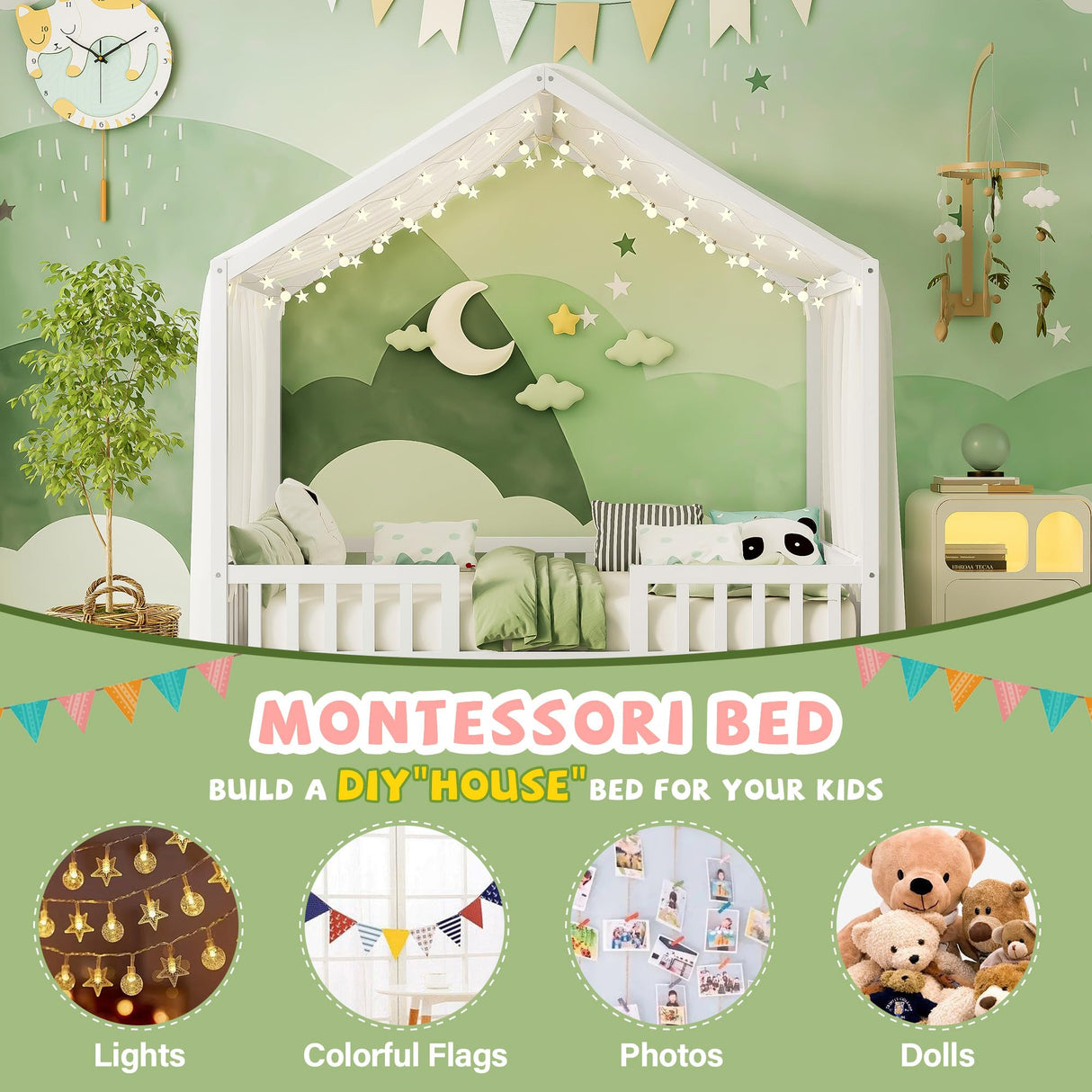 Merax House Shape Full Size Montessori House Bed Wood Floor Bed with Canopy Full Bedframe for Kids No Box Spring Needed White Merax