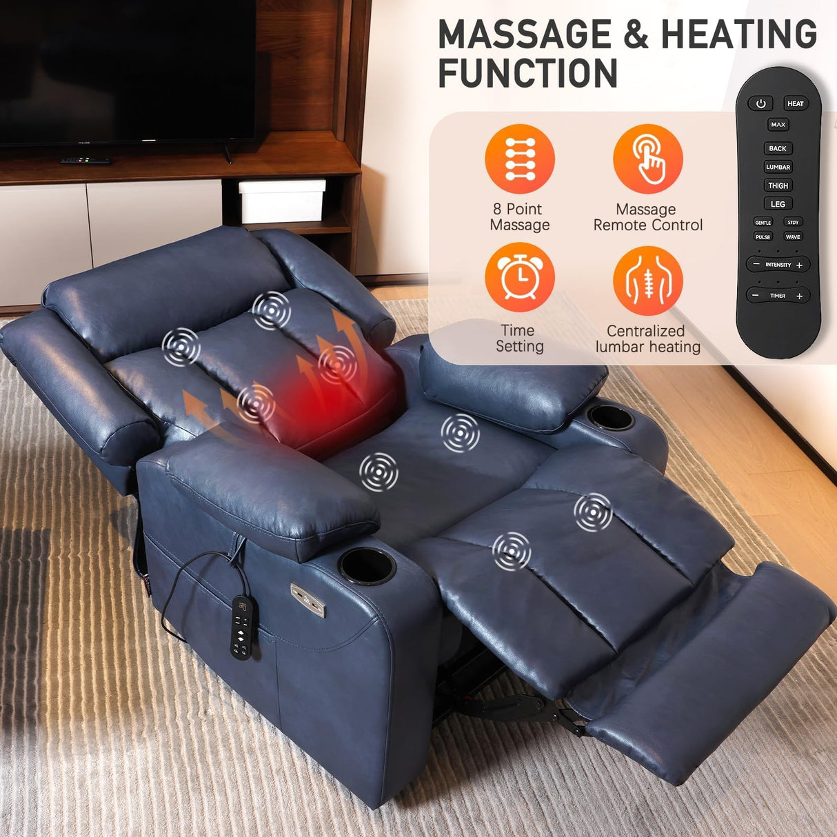 EONIX Dual Motor Oversized Power Lift Recliner Chair for Elderly, 400lbs Heavy Duty Faux Leather Recliner with Massage and Heat, Big and Tall Lay Flat Lift Chair with Cup Holders, SLRY006, Navy Blue EONIX