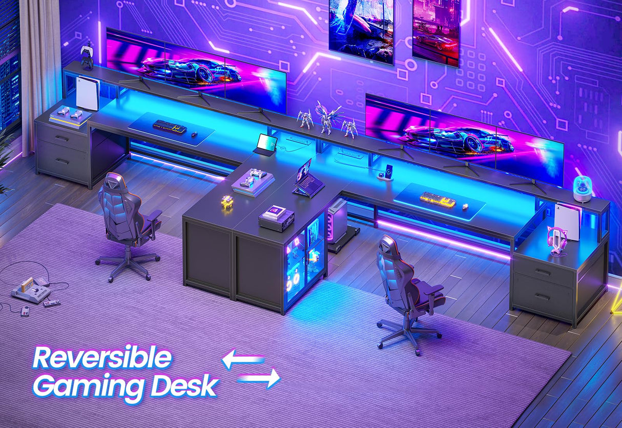 SEDETA L Shaped Gaming Desk, 78.7” Large Computer Desk with Drawers and Power Outlet & LED Light, Corner Gaming Desk with Storage Shelves, Display Cabinet for Home Office, Black SEDETA