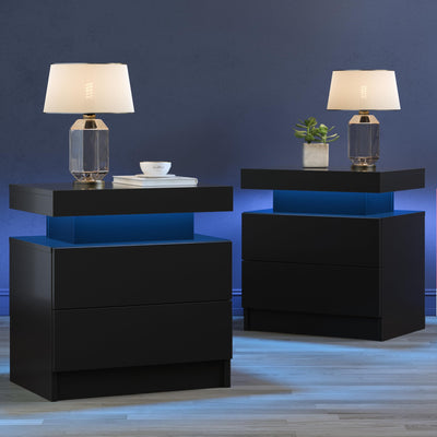 Cubehom Black Nightstand LED Set of 2 Black Bedside Table LED Night Stand with LED Lights Modern End Side Table with 2 Drawers for Bedroom