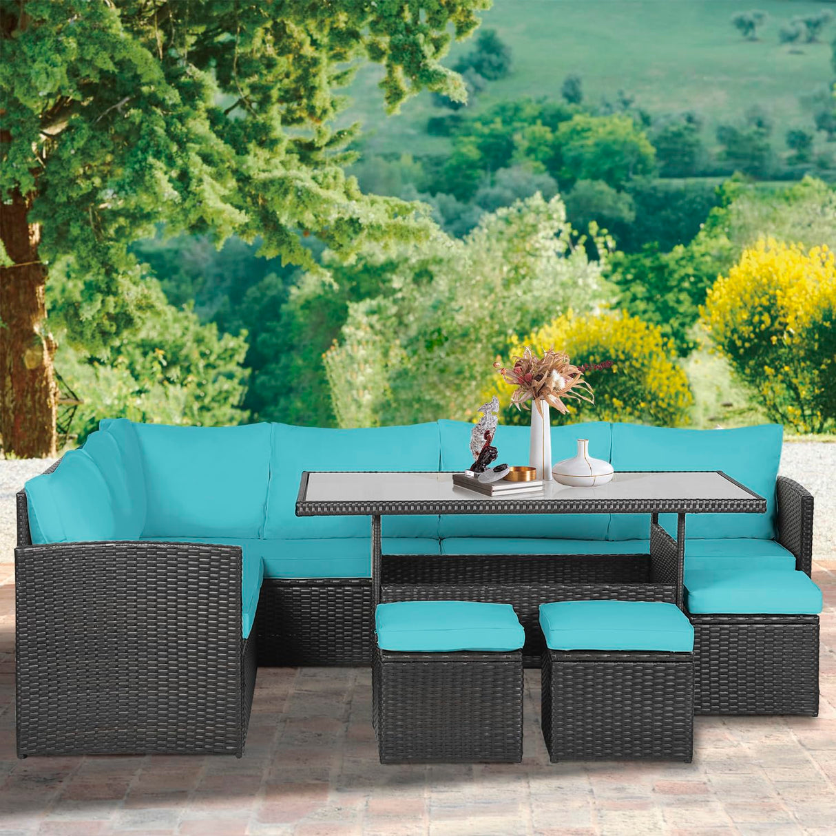 Patio Dining Sets 7 Pieces Outdoor Table and Chairs Patio Dining Table Set with Space Saving Rattan Chairs Outdoor Backyard Porch Poolside Balcony Garden Furniture with Coffee Table (Blue) PayLessHere