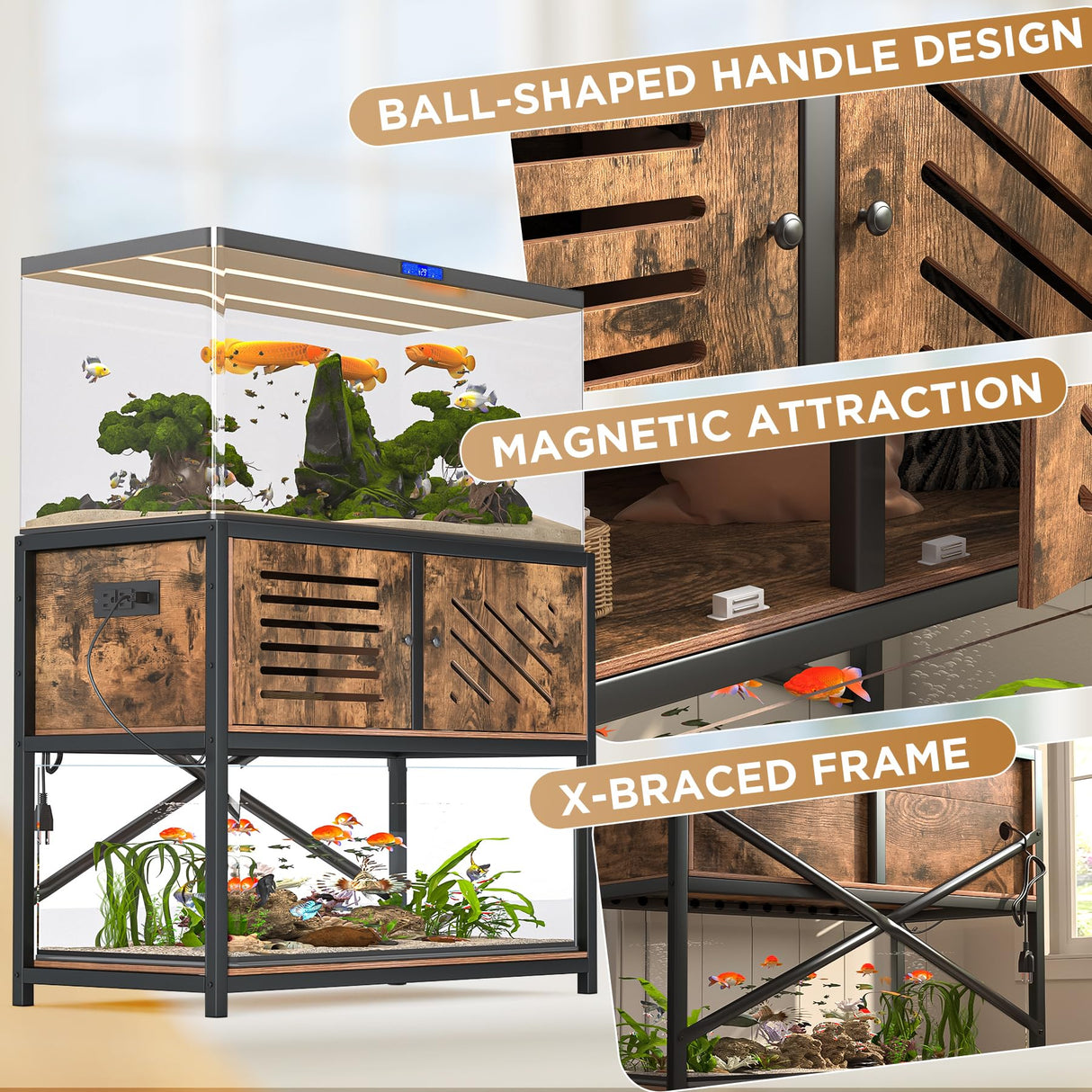 MELLCOM 40-50 Gallon Fish Tank Stand with Power Outlets and LED Light, Metal Aquarium Stand with Cabinet for Fish Tank Accessories Storage, Turtle Reptile Terrariums Stand Rack, Tank not Included MELLCOM