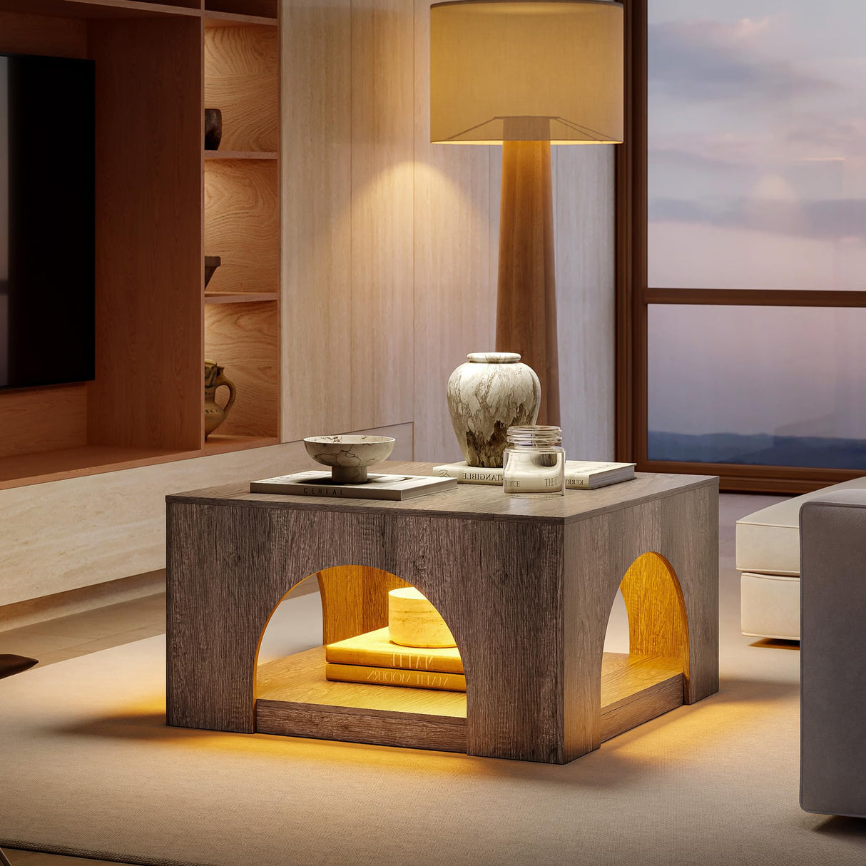 LIKEMET Large Coffee Table, 35.5-Inch LED Center Table with Storage, Square Low Table for Living Meeting Room, Easy Assembly LIKEMET