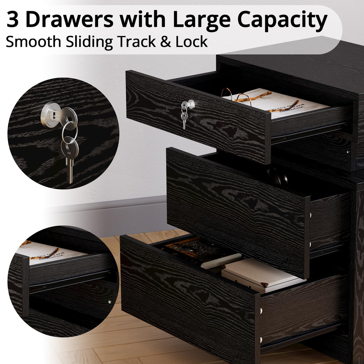 LIKIMIO Nightstand with Charging Station, Night Stand with Storage and LED Lights, Bedside Table with 3 Drawers, USB and Lock, Modern End Table for Bedroom LIKIMIO