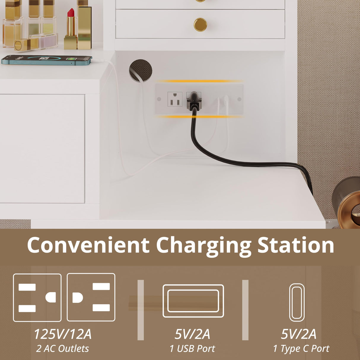 IRONCK Vanity Desk with Mirror and Lights, Makeup Vanity Table with 5 Drawers & Shelves, Power Outlet, Vanity Stool, Dressing Table with Jewelry Storage for Bedroom, White & Gold IRONCK