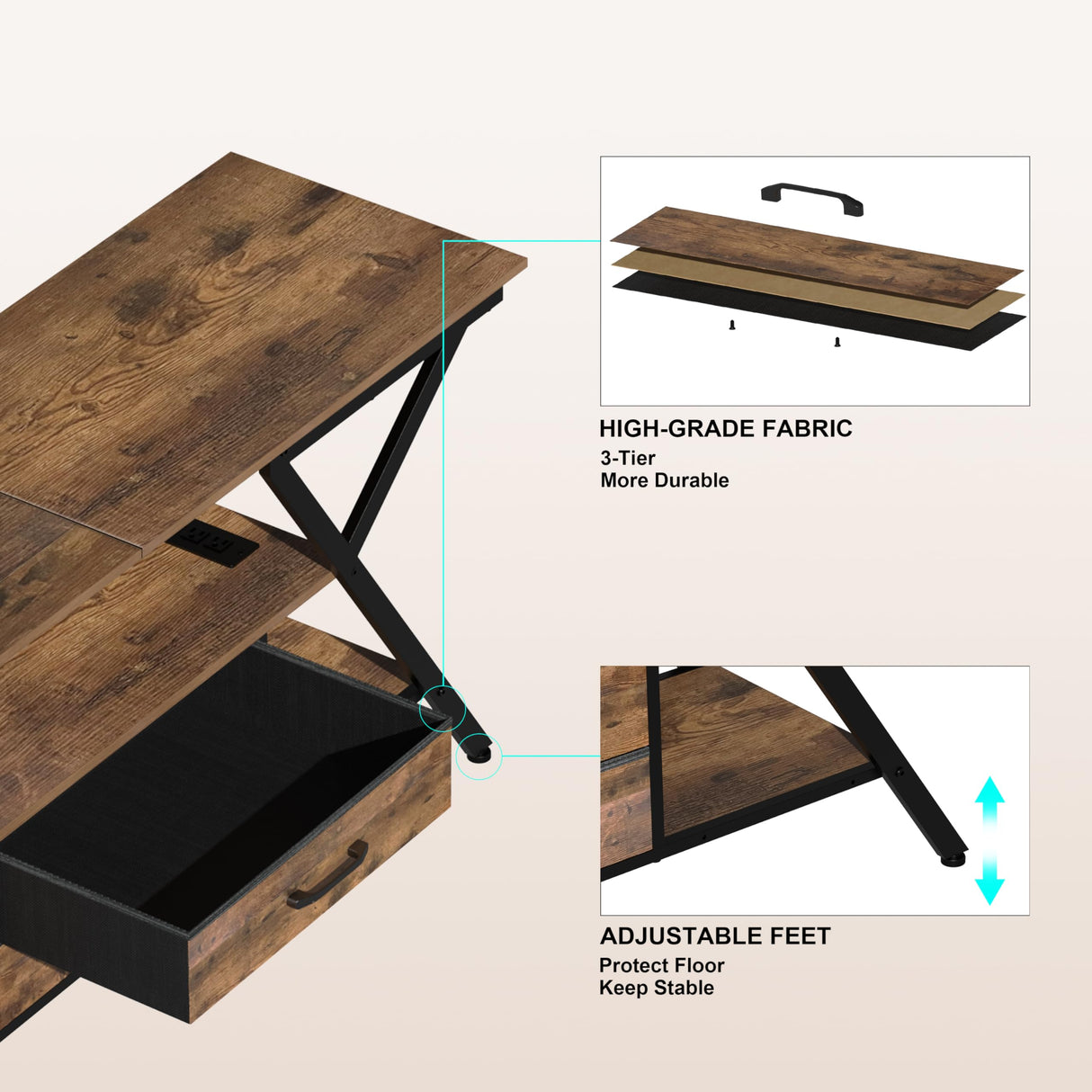 Simoretus Modern 55" TV Stand with Power Outlet for TV up to 65 Inch, LED and 2 Storage Fabric Drawers, Entertainment Center with Charging Station for Living Room Bedroom (Rustic Brown) Simoretus