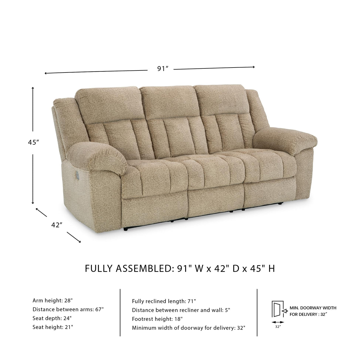 Signature Design by Ashley Tip-Off Classic Wall Hugger Power Reclining Sofa with Adjustable Headrest and USB Ports, Light Brown Signature Design by Ashley