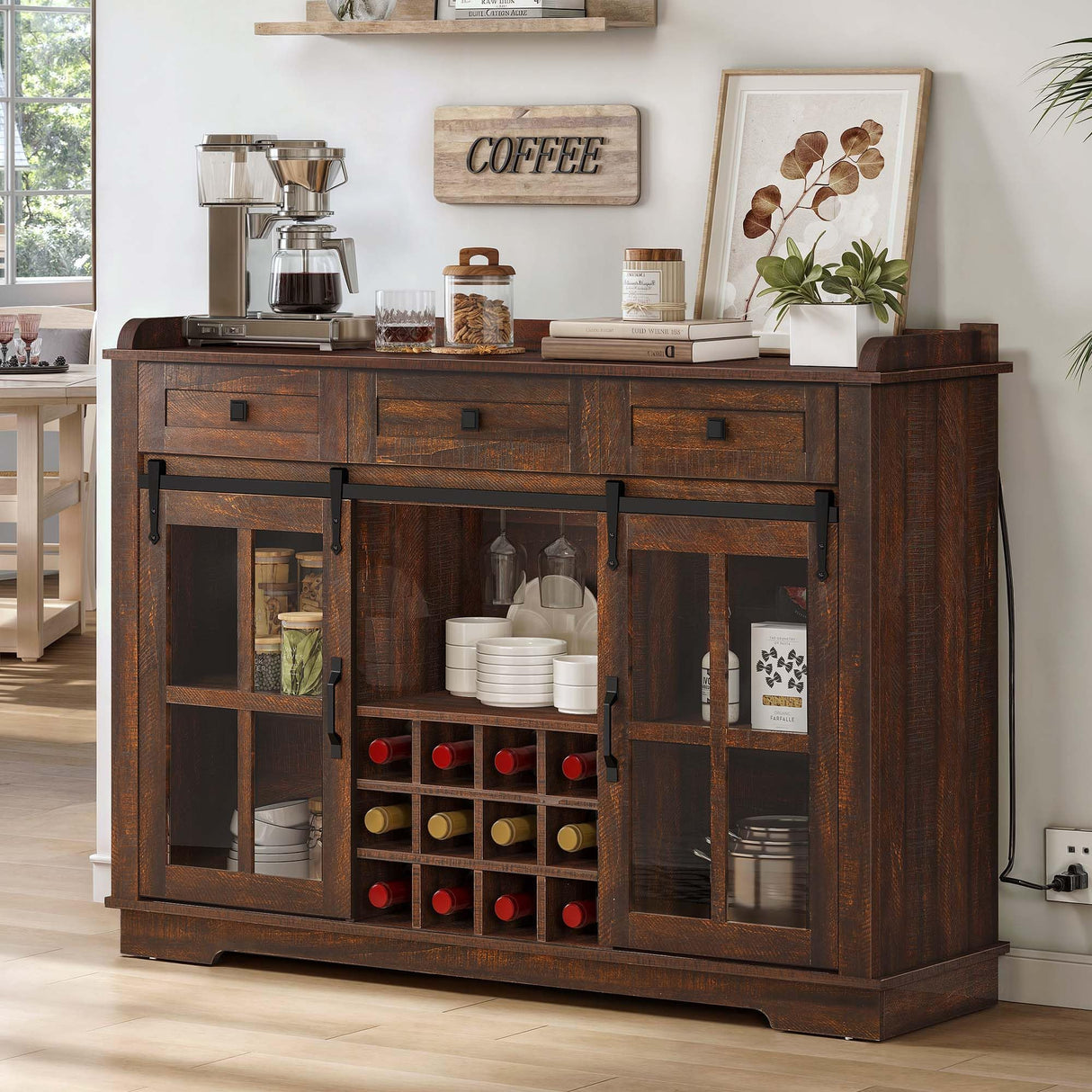 DWVO Farmhouse Coffee Bar Cabinet with Sliding Door and Drawers, 53" Kitchen Sideboard Buffet Cabinet, Home Bar Cabinet with Wine Rack for Kitchen Living Room, 3 Drawers Storage Cabinet, Brown Oak DWVO
