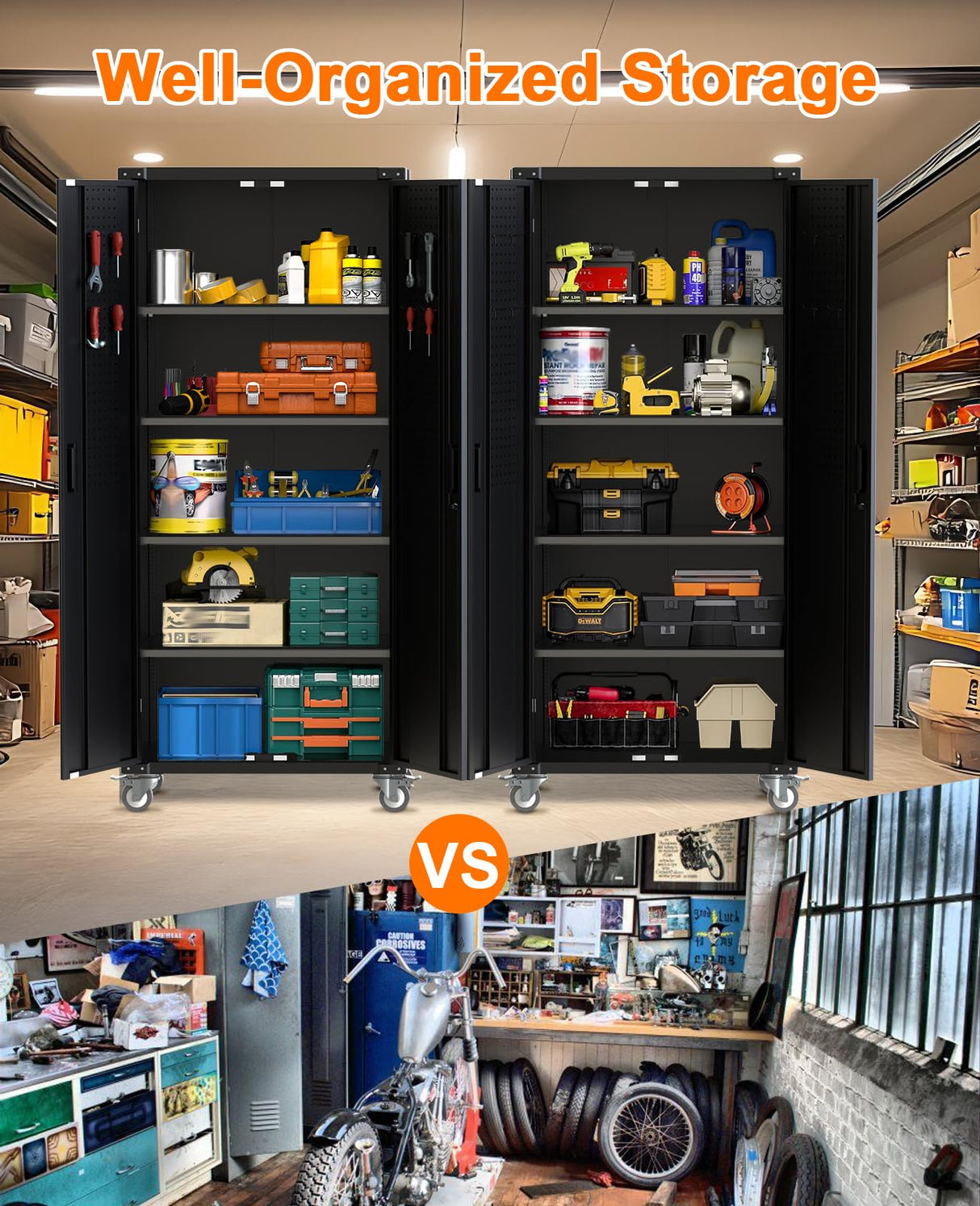 Metal Storage Cabinet 72" H with Wheels, Steel Tool Cabinet with Pegboard and 4 Adjustable Shelves, Lockable Rolling Garage Cabinet for Home,Garage,Office Organization GarveeHome