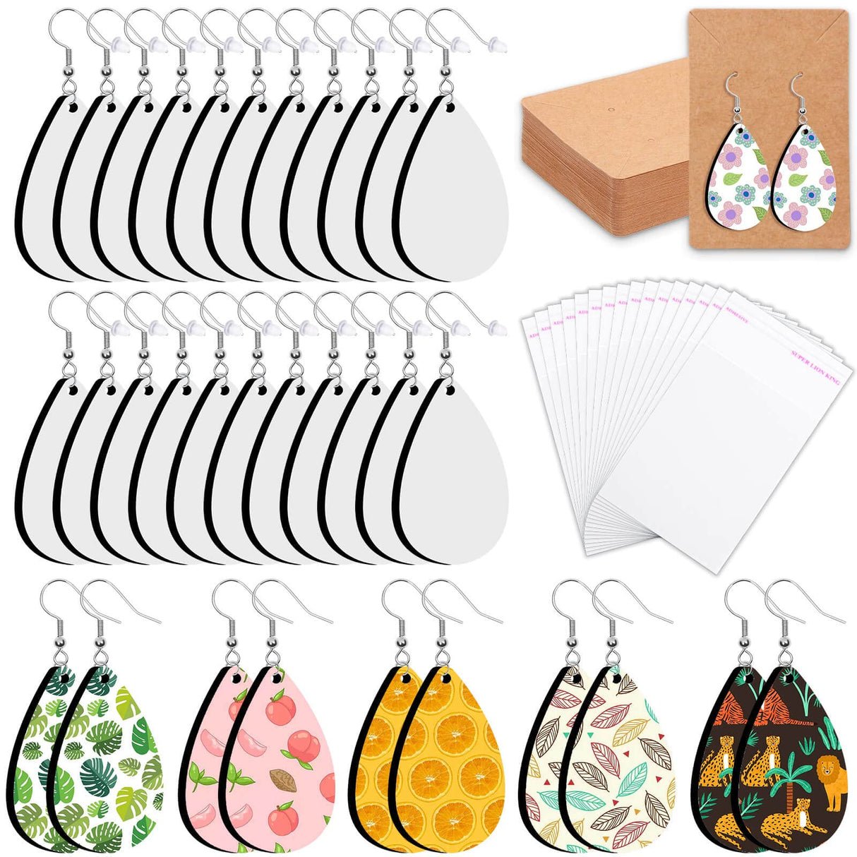 60 Pieces Sublimation Blanks Products, modacraft Sublimation Blank Earrings with Earring Hooks Jump Rings Ear Plugs Holder Cards Bags for Jewelry DIY Making Modacraft