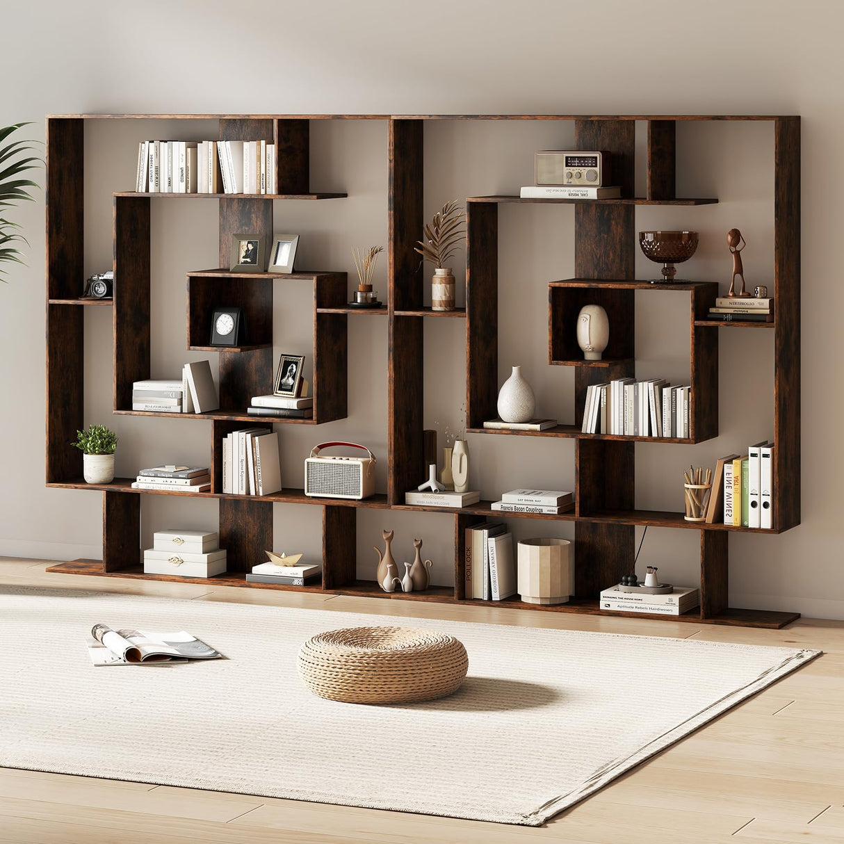 Tangkula Irregular Wooden Bookshelf, Geometric Bookcase w/Open Compartments & 2 Anti-Tip Kits, Decorative Freestanding Display Shelf, Modern Storage Organizer for Living Room, Office (Rustic Brown) Tangkula