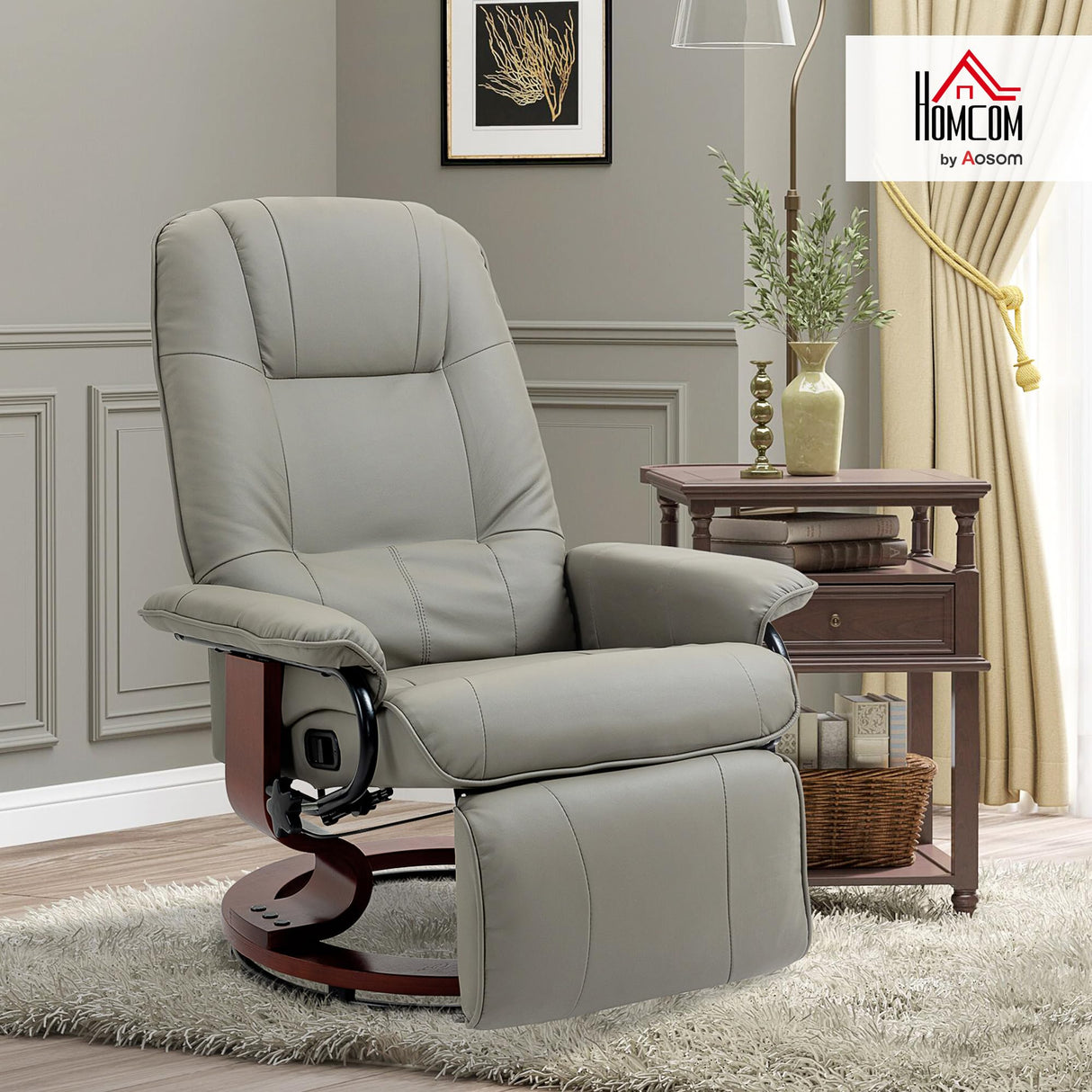 HOMCOM Swivel Recliner Chair, PU Leather Adjustable Lounge Chair with Footrest, Armrest, Wooden Base, Plush Recliner for Living Room, Gray HOMCOM