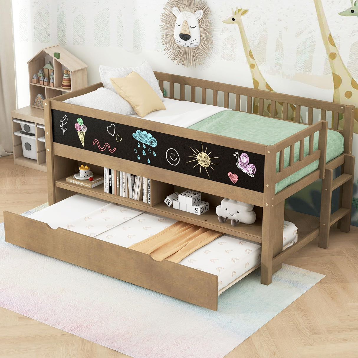 JIJIWANG Twin Size Low Loft Bed with Storage Shelves and Blackboard Wooden Loft Bed with Trundle, Wood Slats Support, No Box Spring Required, Walnut JIJIWANG