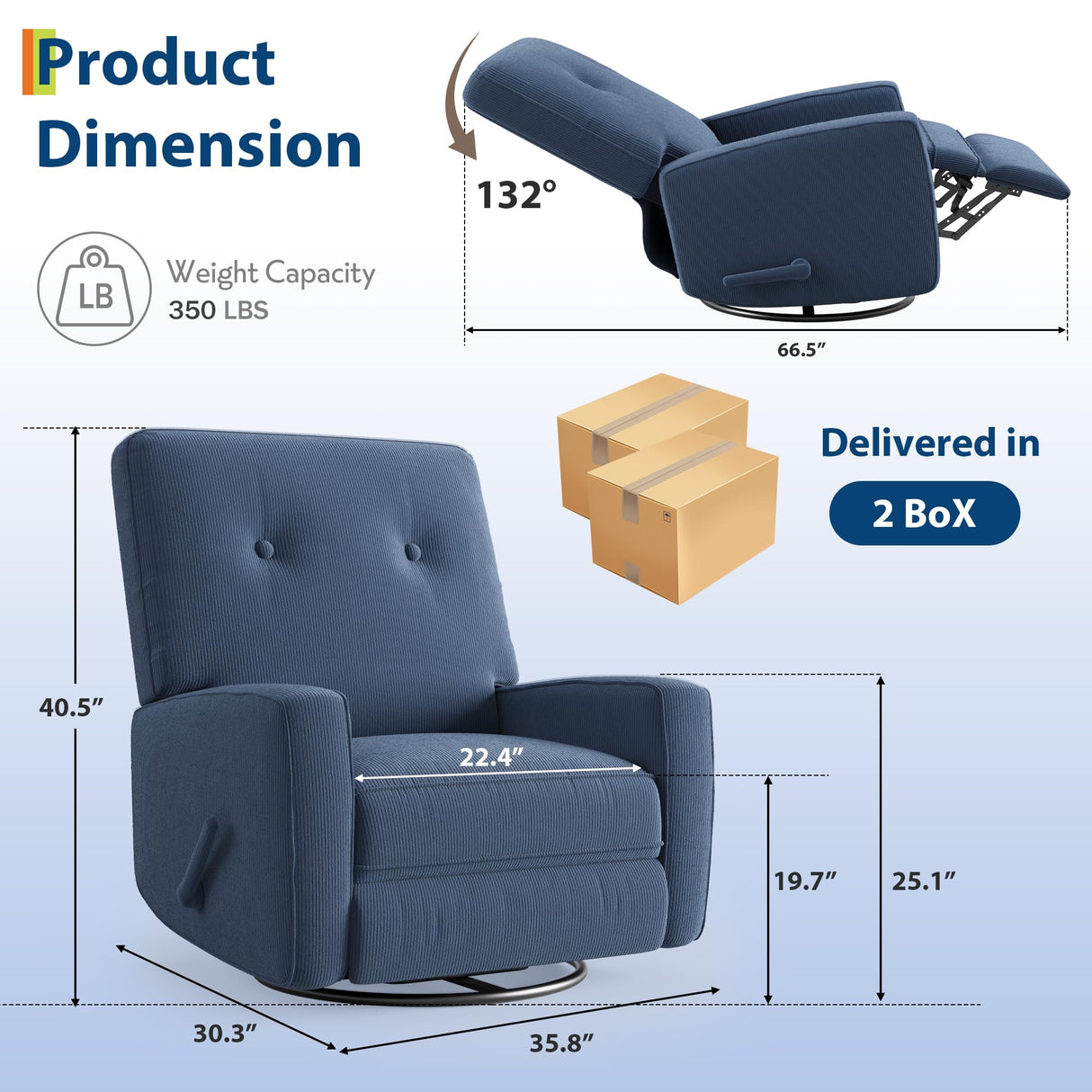 Recliner Chair, 360° Swivel Rocking Glider Chair for Adults with Adjustable Backrest & Footrest, Cozy Corduroy Upholstered Armchair for Living Rooms, Bedrooms, Blue IDEALHOUSE