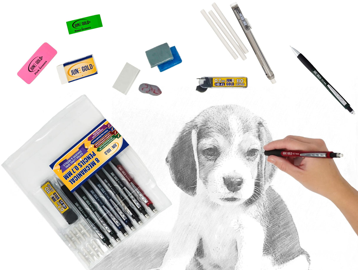 June Gold 8 Pack 0.7 mm HB #2 Mechanical Pencils, Extra Long Spin Eraser, 2 Lead Dispensers/w 220 Refills & 8 Refill Erasers, Break Resistant Lead, Soft Non-Slip Grip June Gold