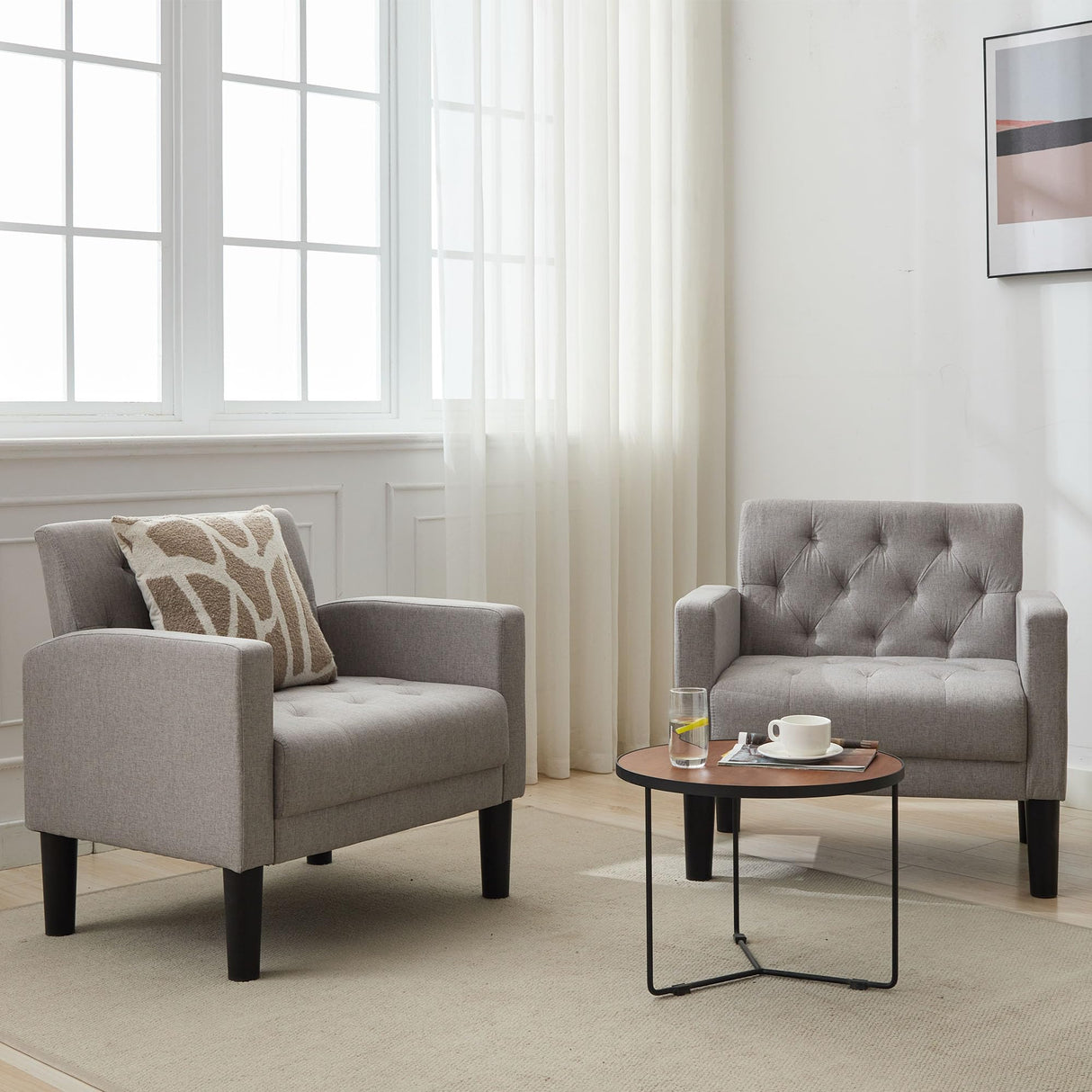 TYBOATLE Accent Chairs Set of 2 Comfy Living Room Chair Tufted Mid Century Modern Accent Chair, Cozy Upholstered Reading Arm Chair for Office, Bedroom (Light Grey, Set of 2) TYBOATLE