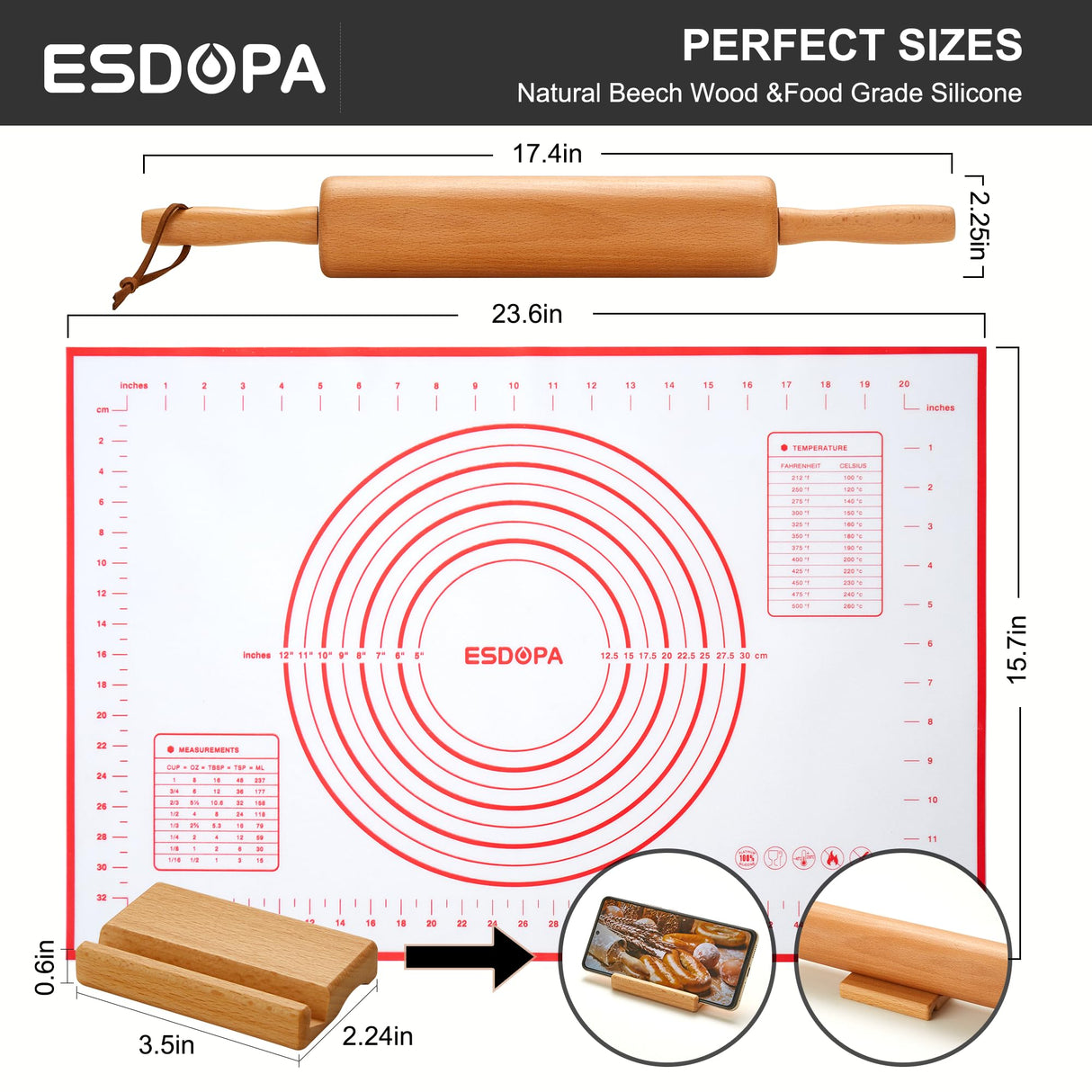ESDOPA Classic Wood Rolling Pin - Wooden Rolling Pins for Baking Silicone Mat Set, Dough Roller with Wood Base, Fondant Roller for Pie Crust Cookies Pizza Dough and Bread, 17 Inch ESDOPA