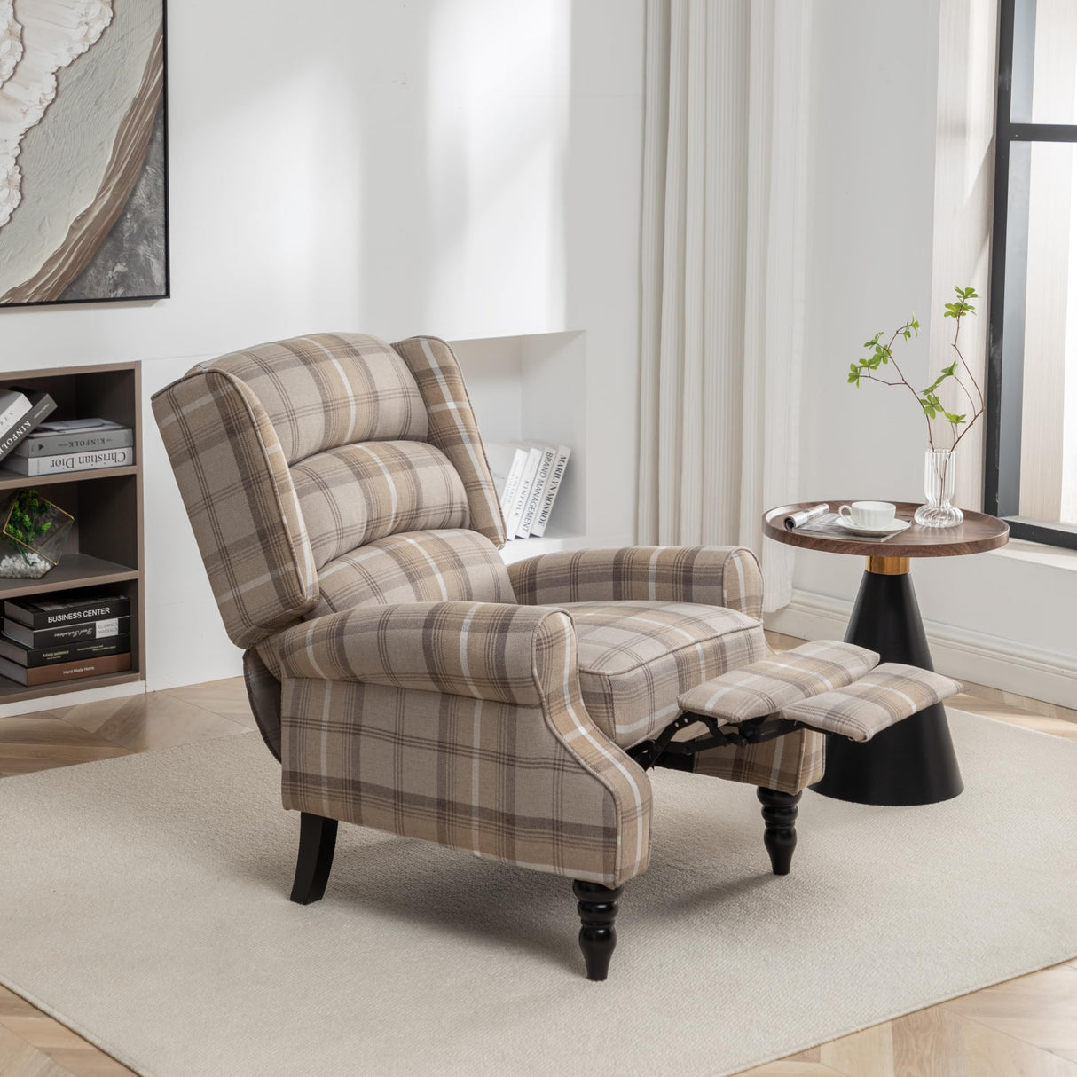 Upholstered Wingback Recliner Chair, Plaid Recliner Chair Armchair Adjustable Footrest Push Back Reclining Sofa, Mid-Century Modern Lounge Armchair for Living Room, Bedroom, Reading -- Natural PATIOPTION