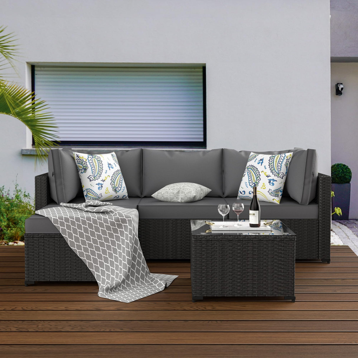 Patio Furniture Set, 5PCS Outdoor Conversation Sets Waterproof Rattan Sectional Sofa with 4” Thickened Cushion Modular Wicker Patio Furniture Set with Glass Top Table for Balcony, Backyard (Grey) Phonjoroo