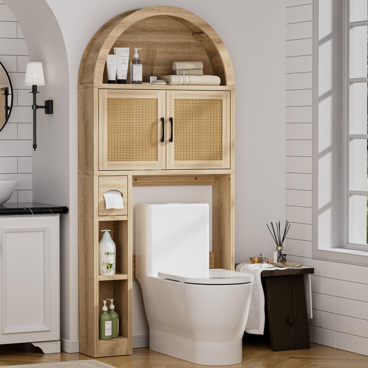 Spurgehom Over The Toilet Storage Cabinet, Bathroom Shelf Organizer Freestanding, Bathroom Arch Cabinet Over Toilet with Toilet Paper Holder and Anti-Tipping Device (Wood & Wicker Door) Spurgehom