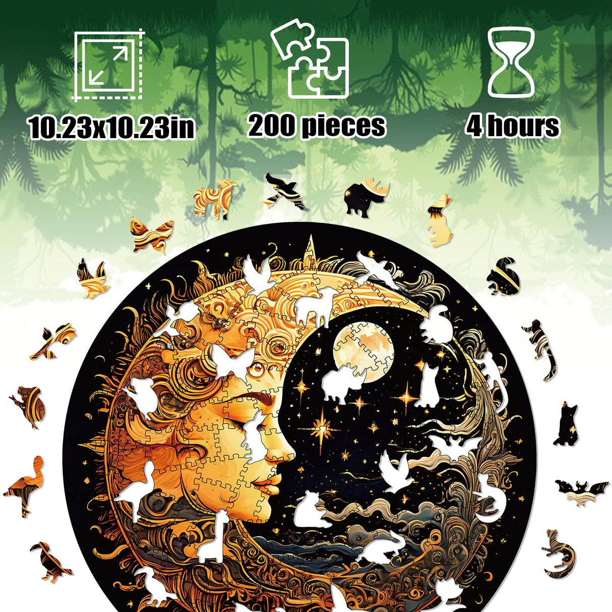 Wooden Puzzles for Adults, 200 Pieces Sun and Moon Uniquely Irregular Animal Shaped Wooden Jigsaw Puzzles, Creative Gift for Teenagers and Adults WHJSG