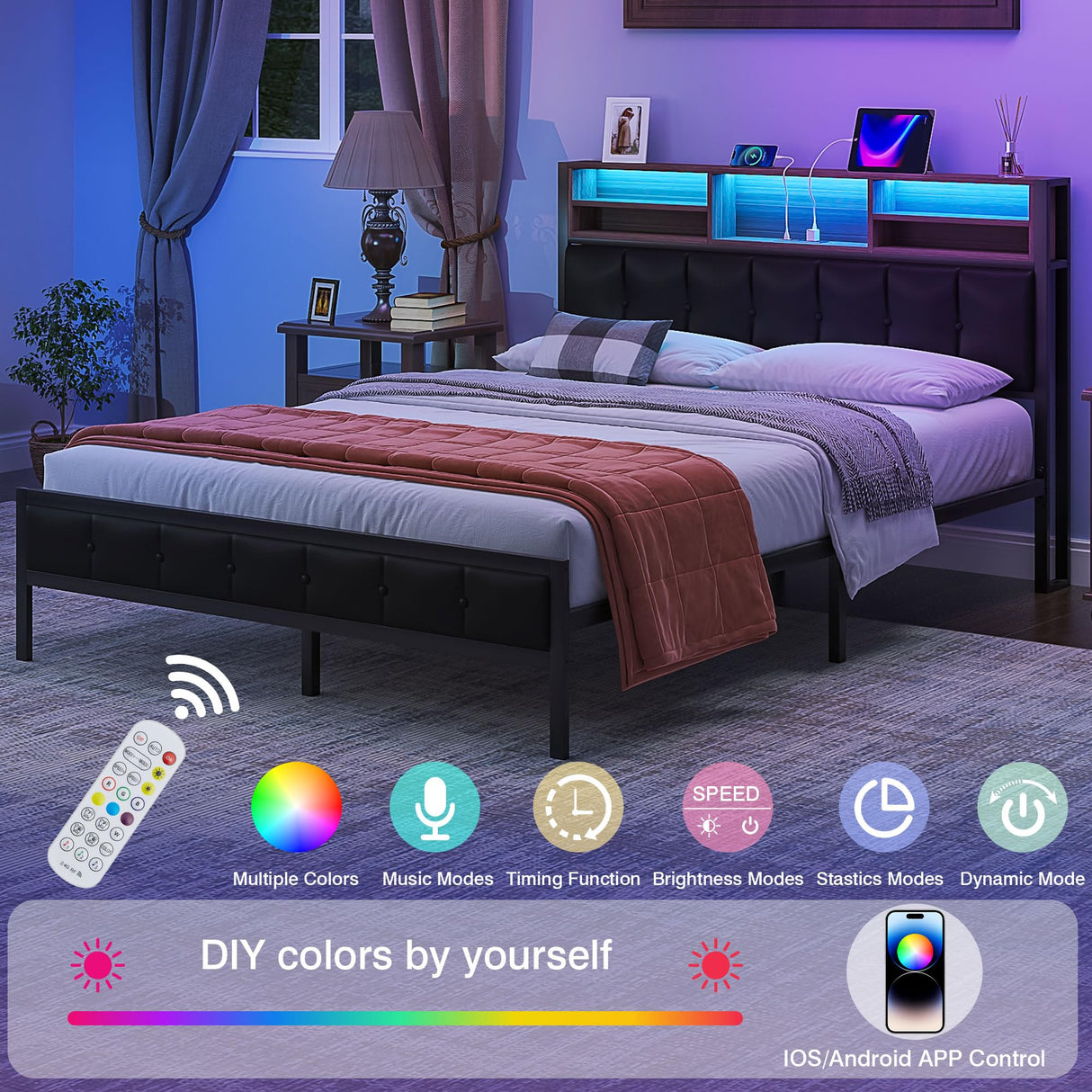 VECELO Farmhouse Metal Bed Frame Full Size with Wooden Headboard & Footboard, Solid Platform Mattress Foundation with Storage, LED Light, Charging Station, USB Ports, Noise-Free, Easy Assembly, Black VECELO