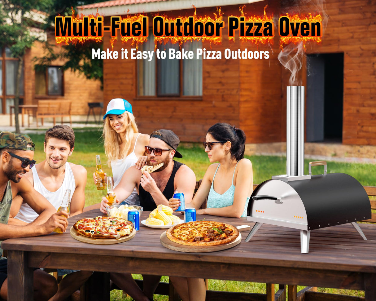 Multi-Fuel Pizza Oven Outdoor, 12" Portable Wood and Gas Fired Pizza Oven with Thermometer,Gas Hose & Pizza Stone,Heats up to 1000°F,Stainless Steel Pizza Oven for Backyard or Camping (Black) WOOCIT